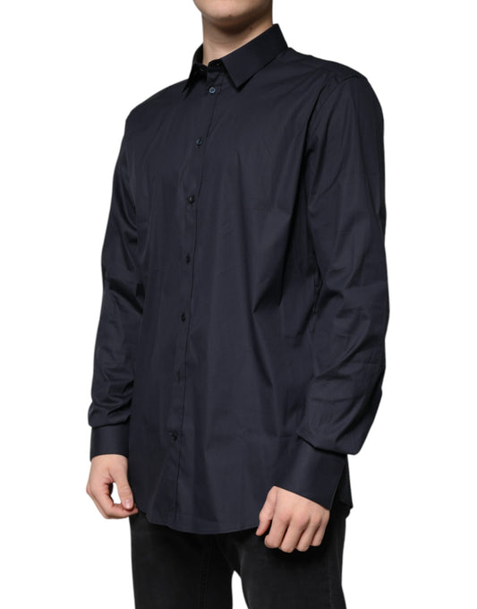 A black cotton blend dress shirt with long sleeves and a collar
