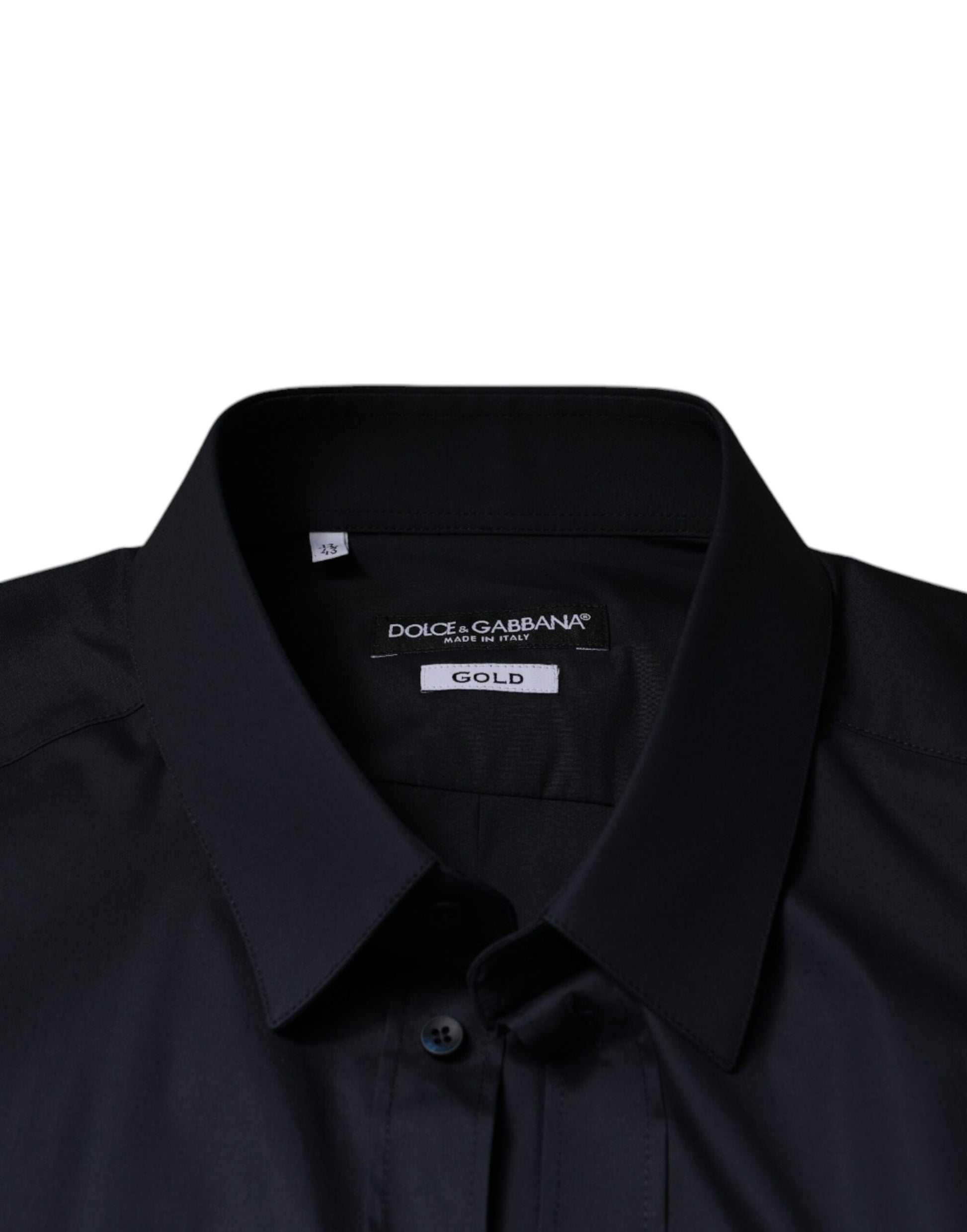 A black cotton blend dress shirt with a gold label from Dolce & Gabbana