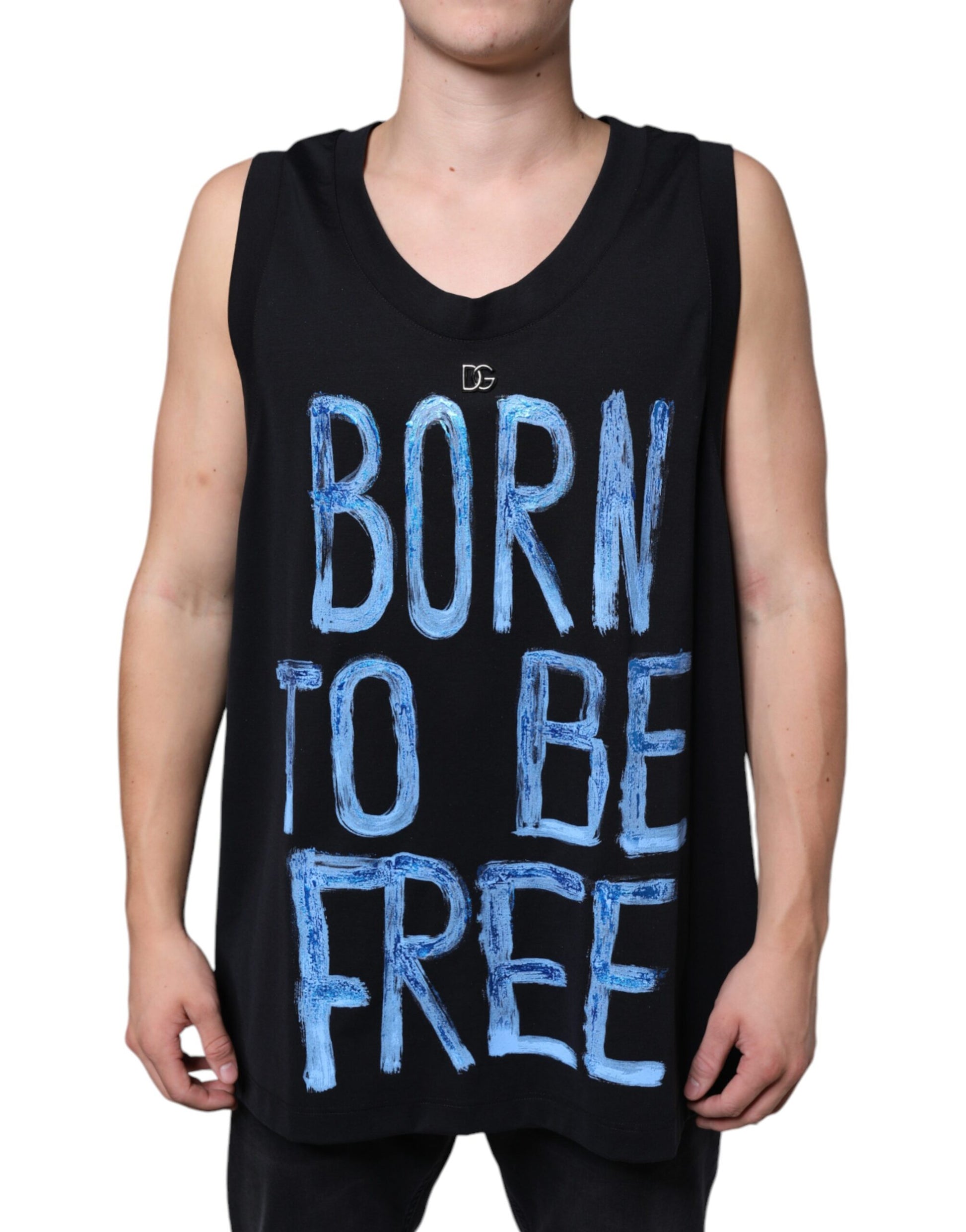 Black tank top with white handwritten style lettering