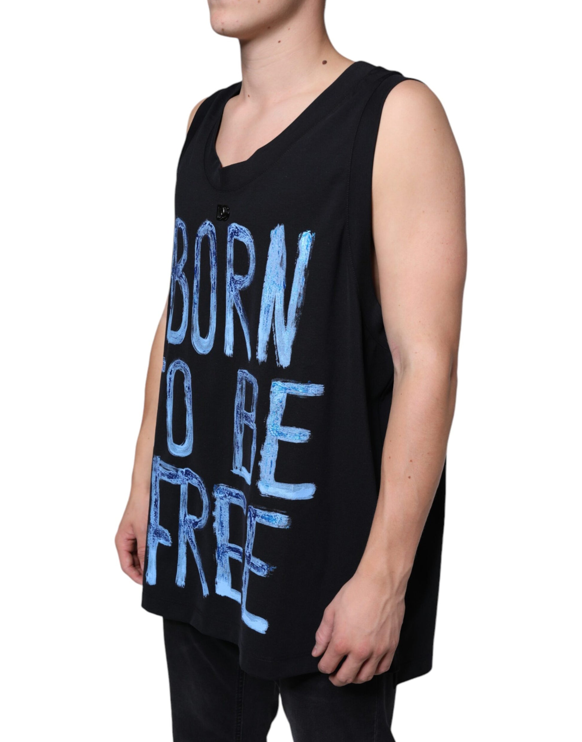 Black tank top with white lettering