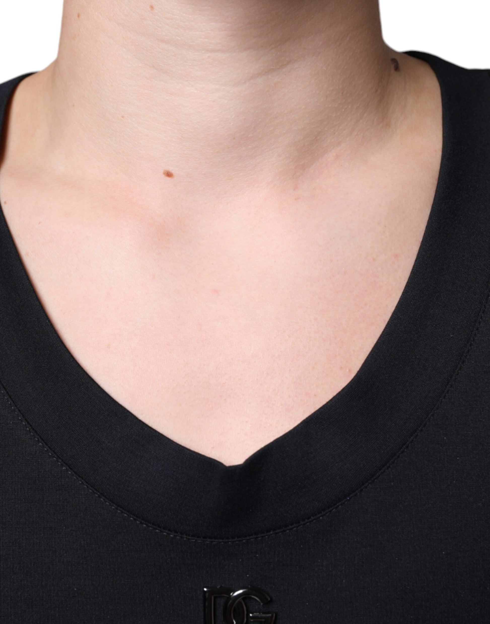 Black v-neck t-shirt with a logo on the left chest area
