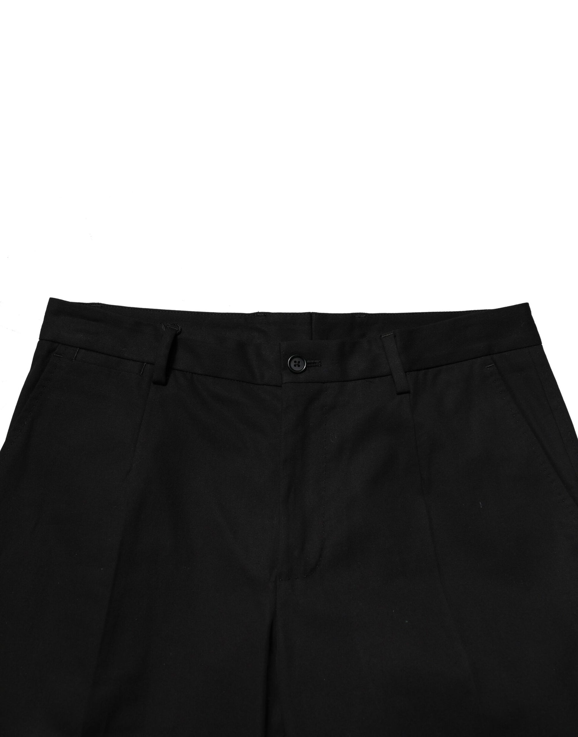 A pair of black cotton cargo pants with a buttoned waistband and side pockets