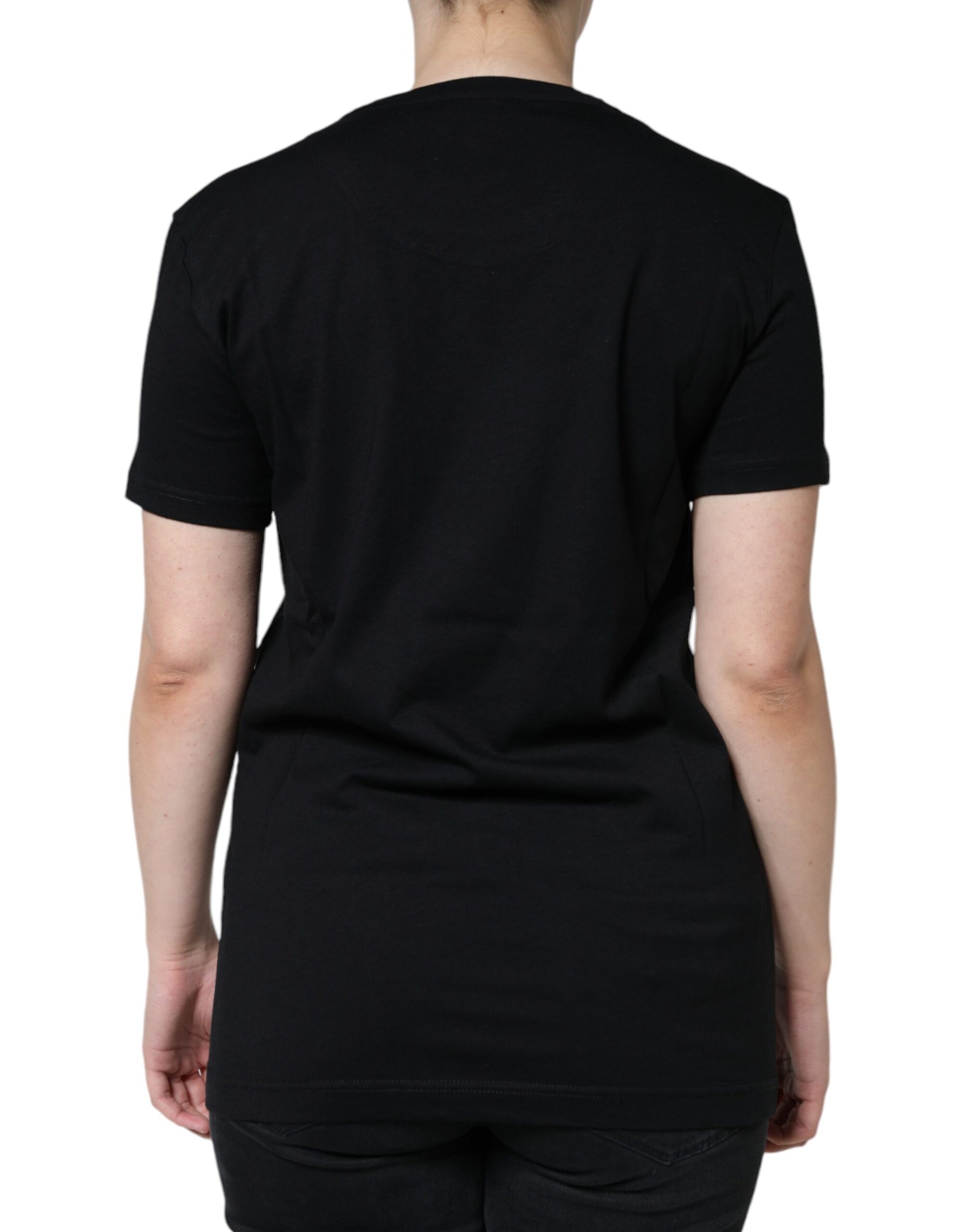 Black short sleeved shirt on a person from behind