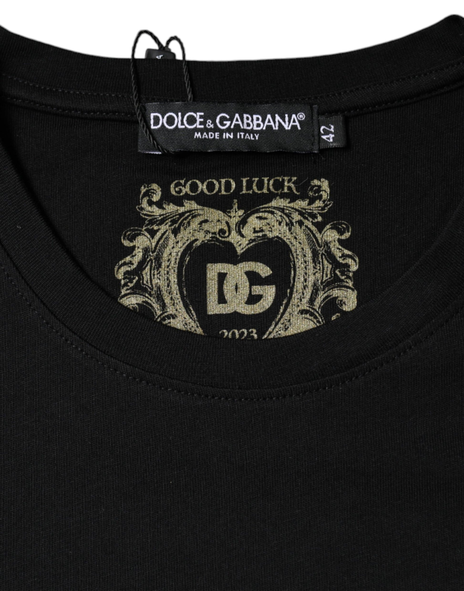 Black t-shirt with gold lettering on front