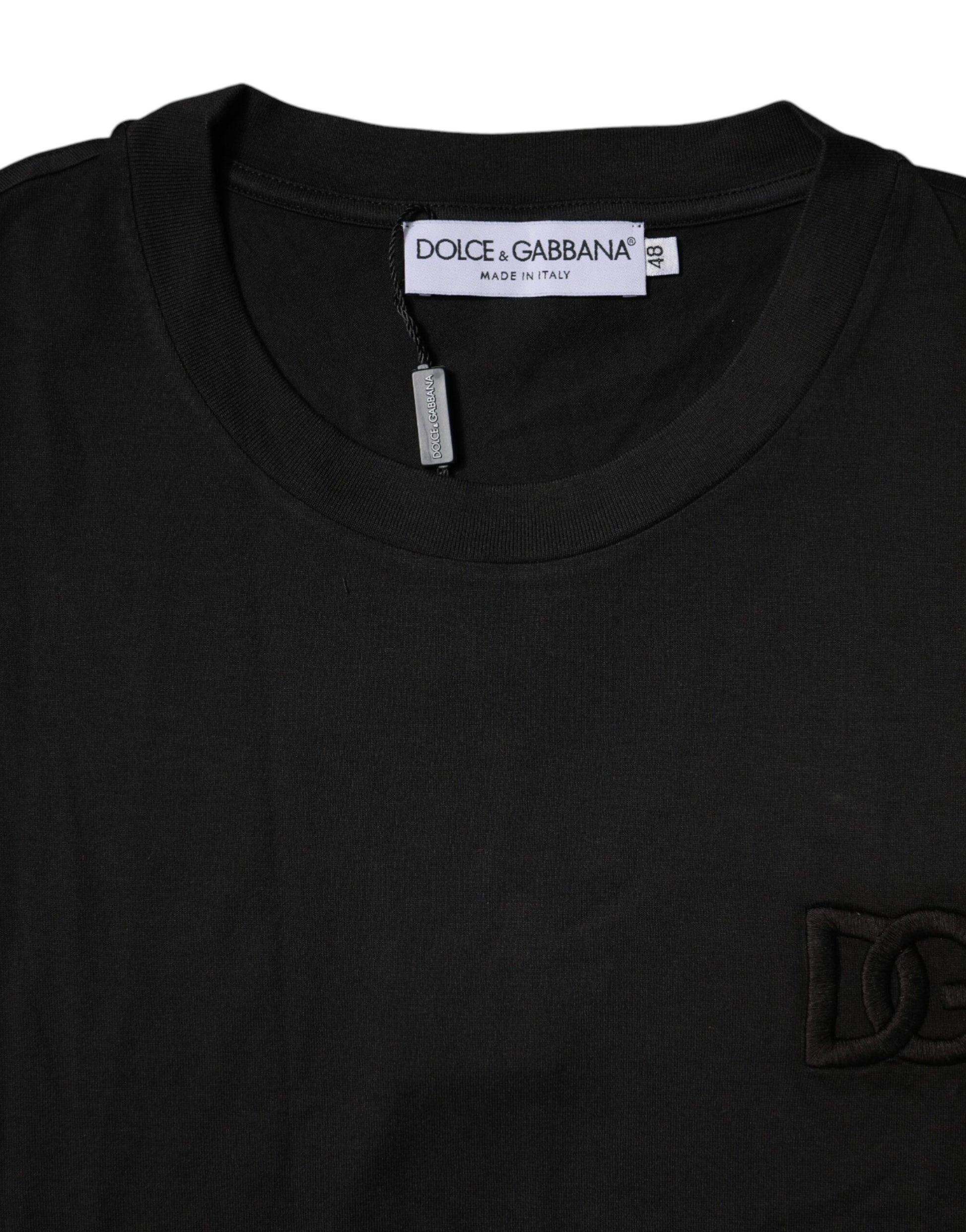 Black t-shirt with white logo on front