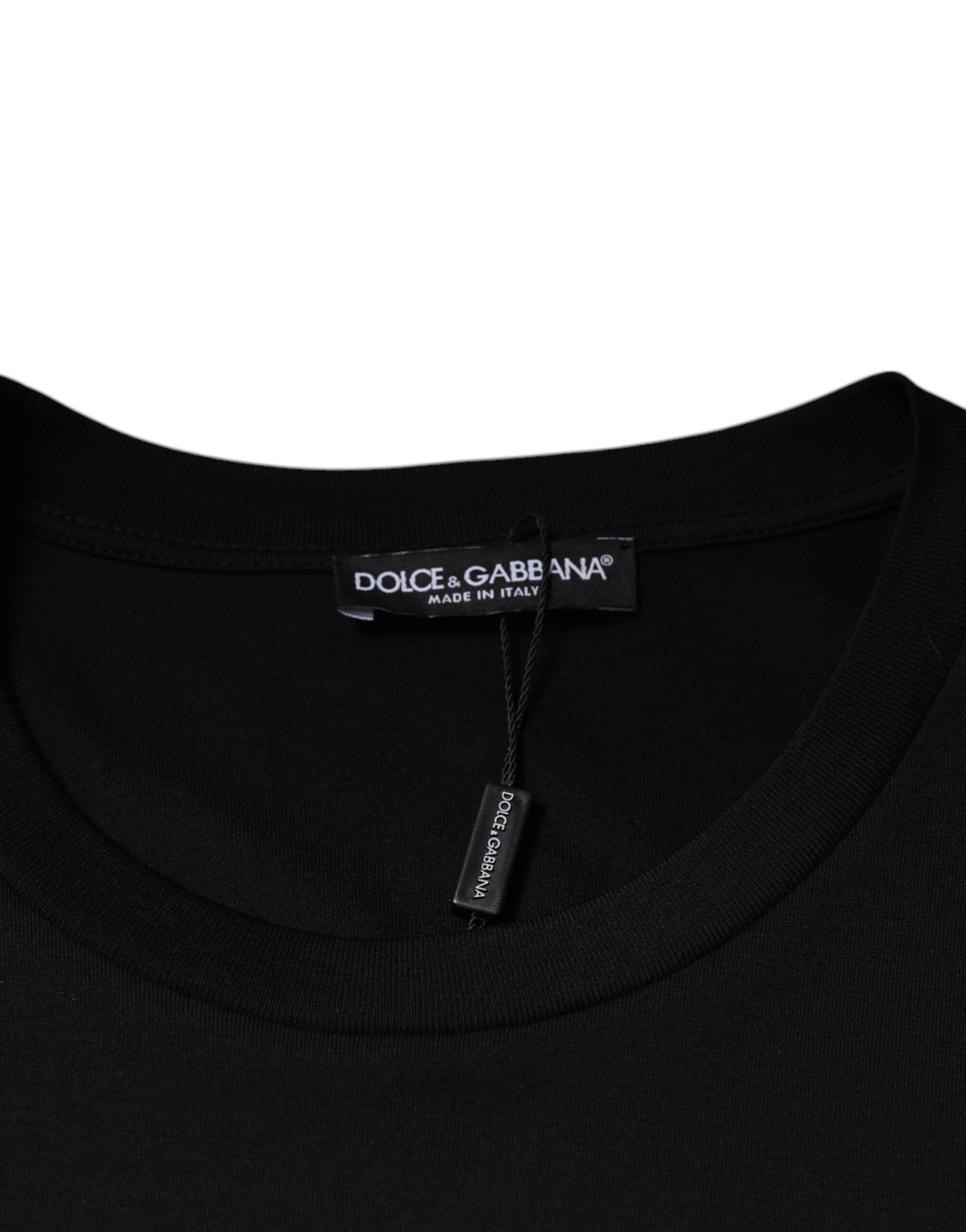 Black t-shirt with a brand label on the neckline