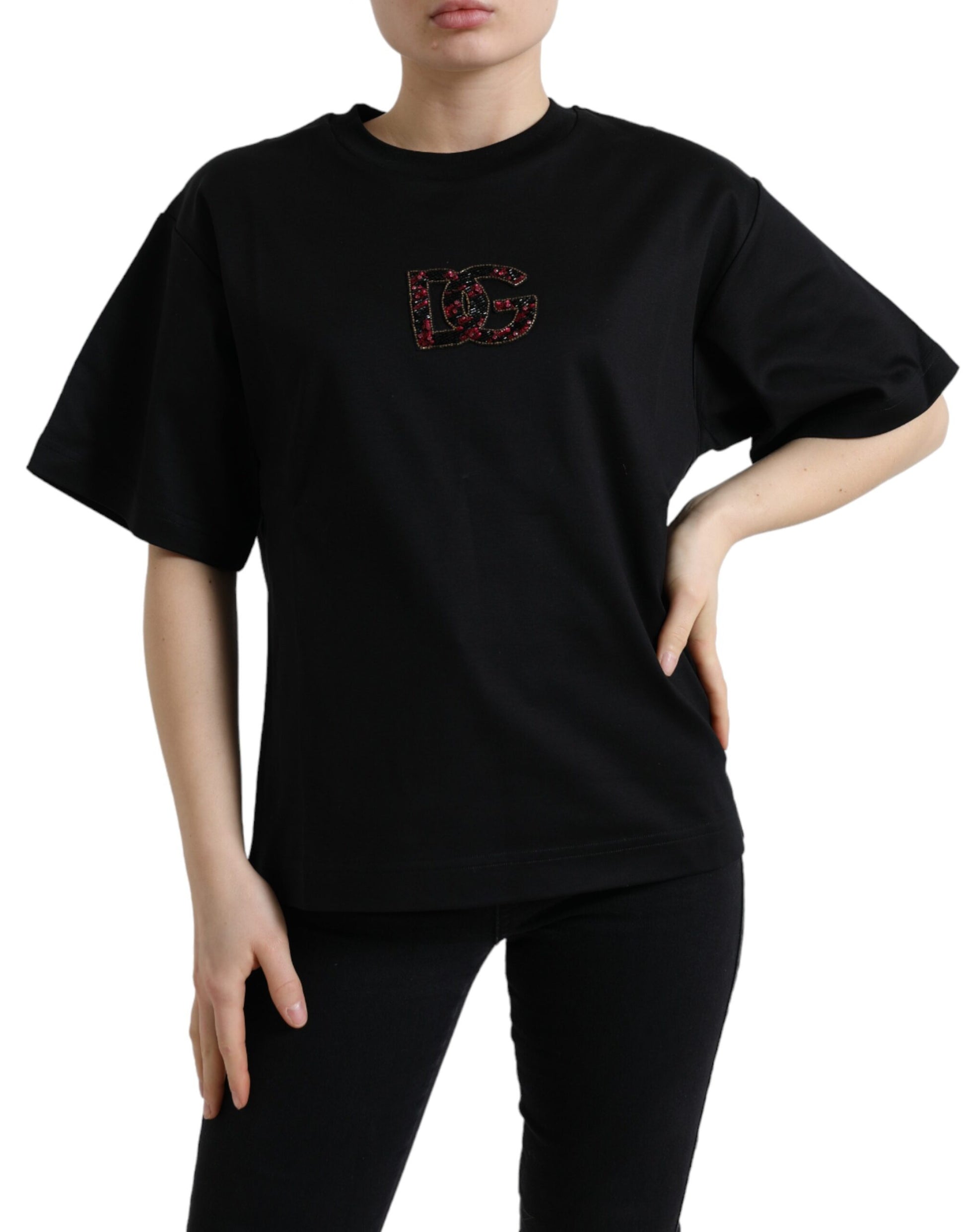 Black t-shirt with red logo on front