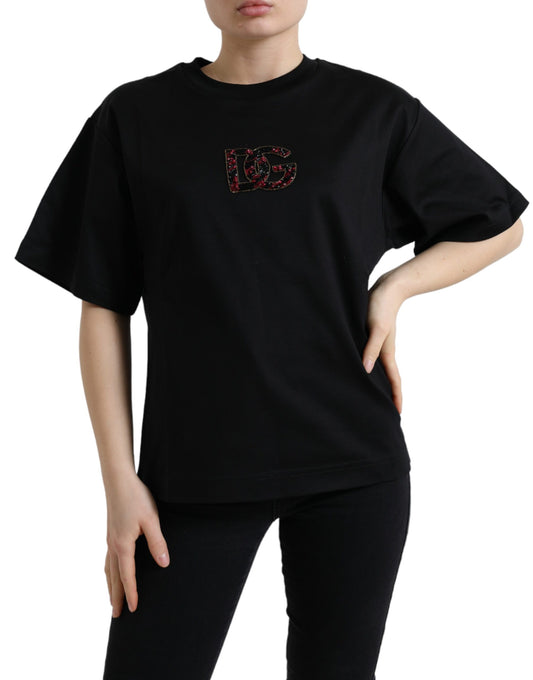 Black t-shirt with red logo on front