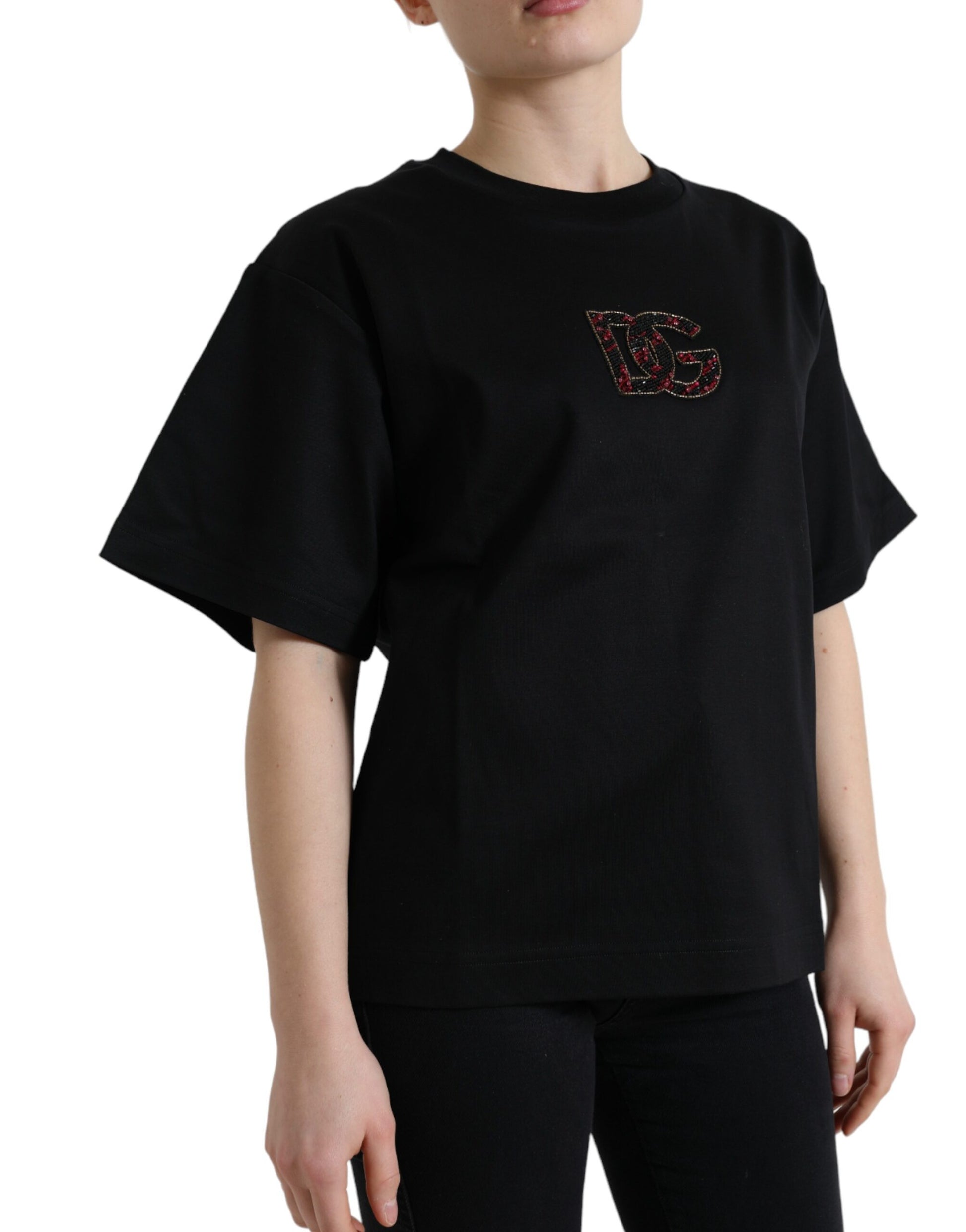 Black short sleeve shirt with red logo on front