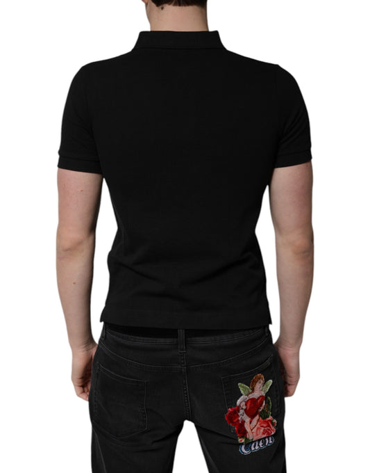 Black polo shirt with white stripes on sleeves