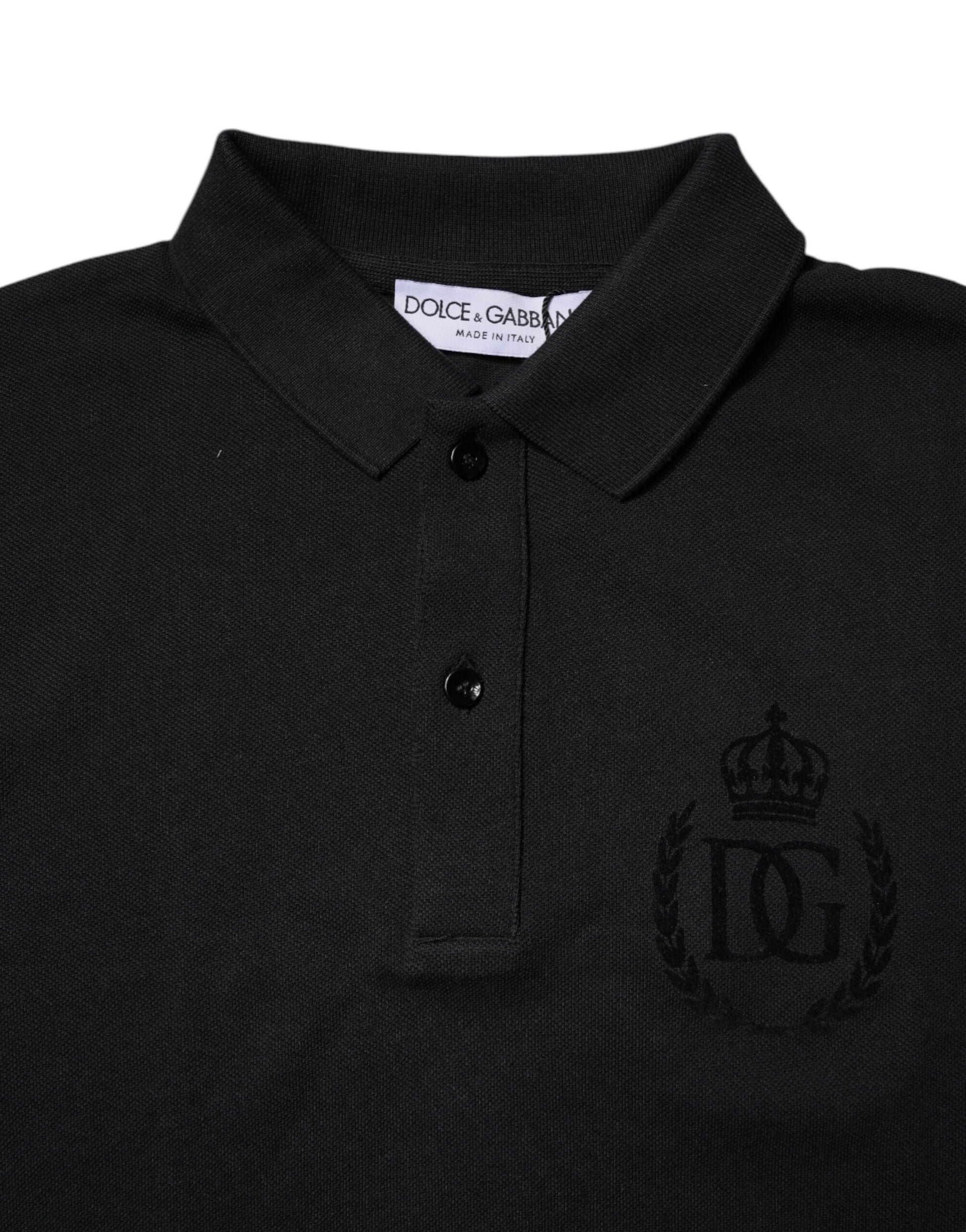 Black polo shirt with embroidered logo on left chest