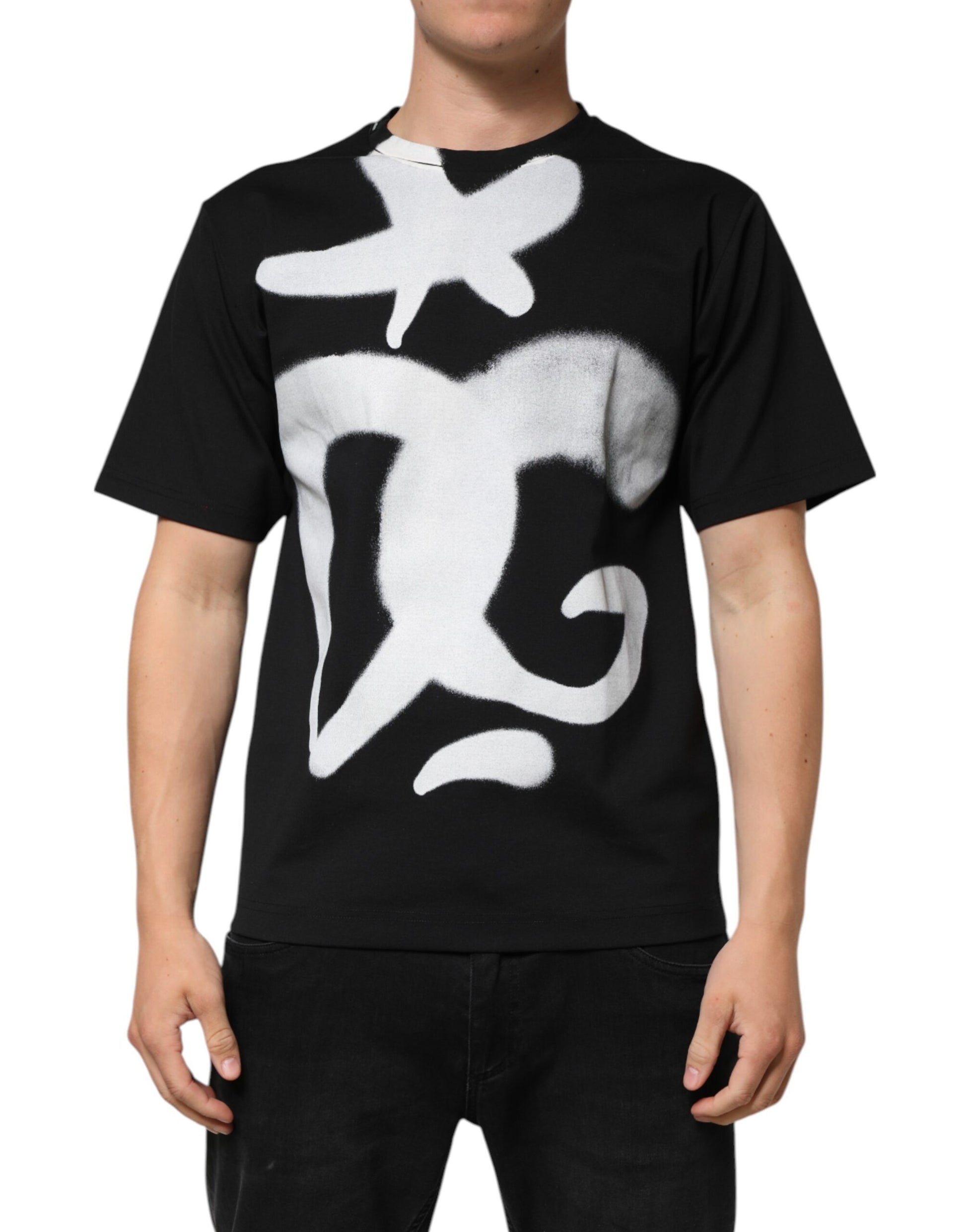 Black t-shirt with white design on front