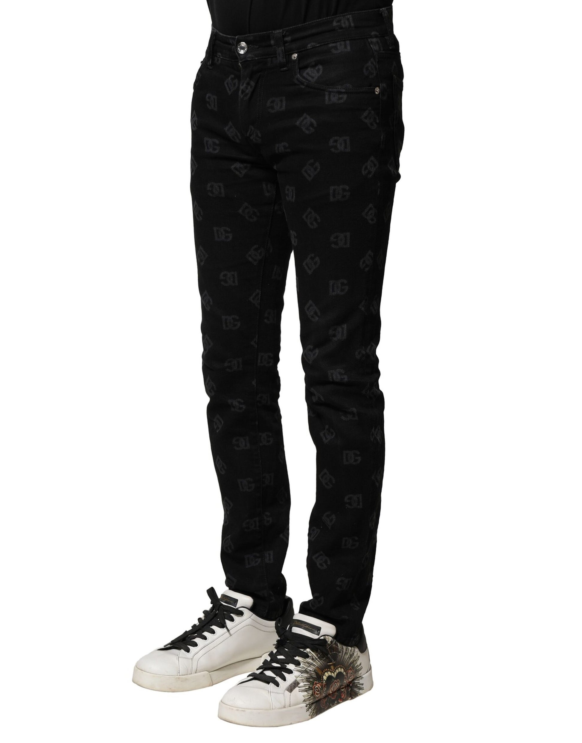 Pair of black jeans with white pattern on legs