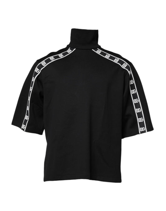 Black turtleneck sweater with white stripes on sleeves