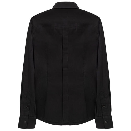 A black cotton dress shirt with long sleeves, two chest pockets and a collar