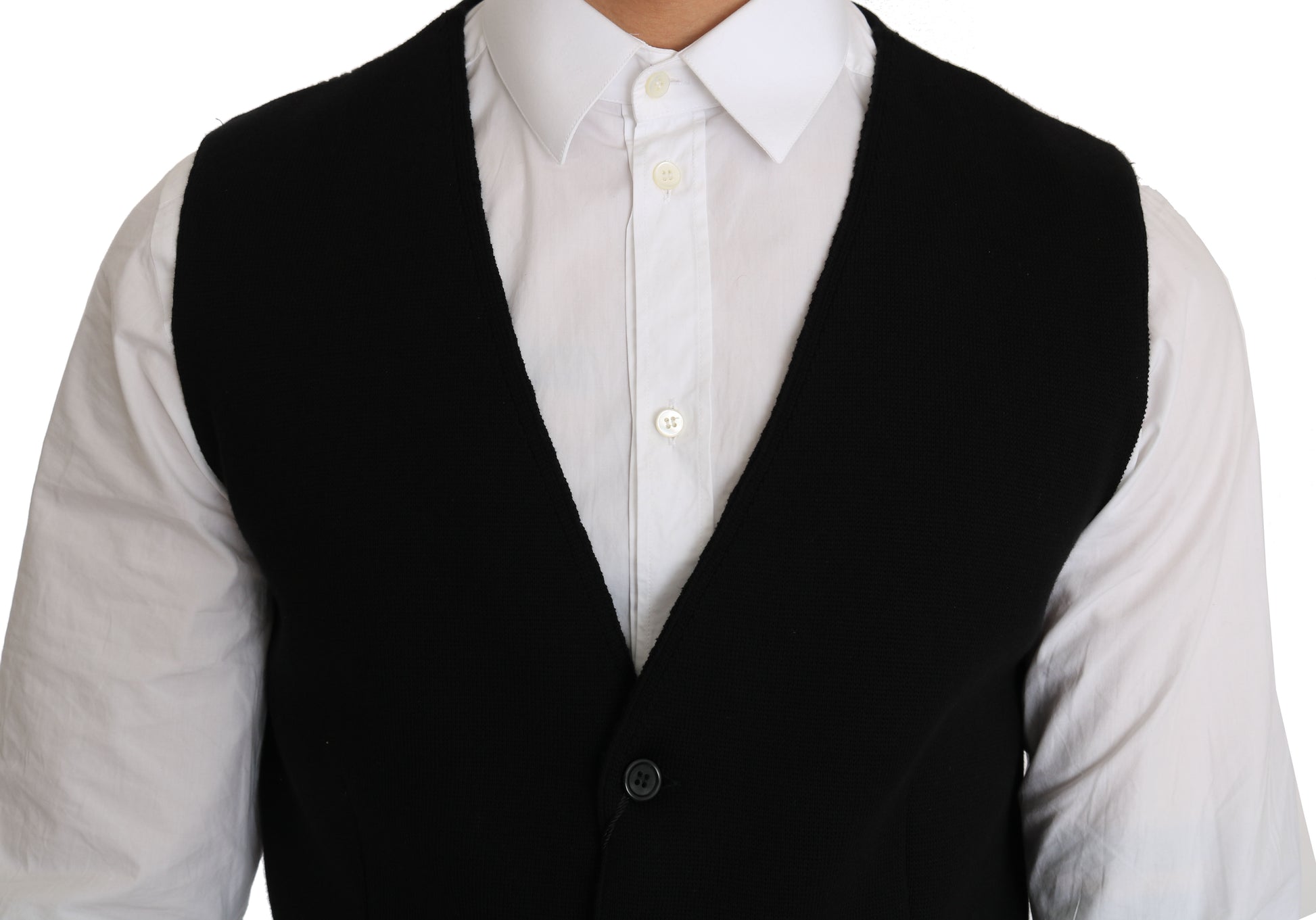 A black cotton waistcoat with a woven pattern, part of a suit by Dolce & Gabbana