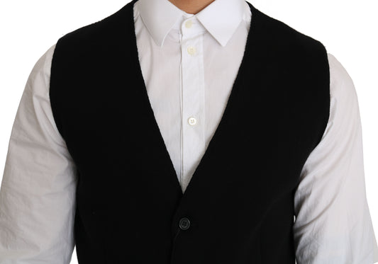 A black cotton waistcoat with a woven pattern, part of a suit by Dolce & Gabbana