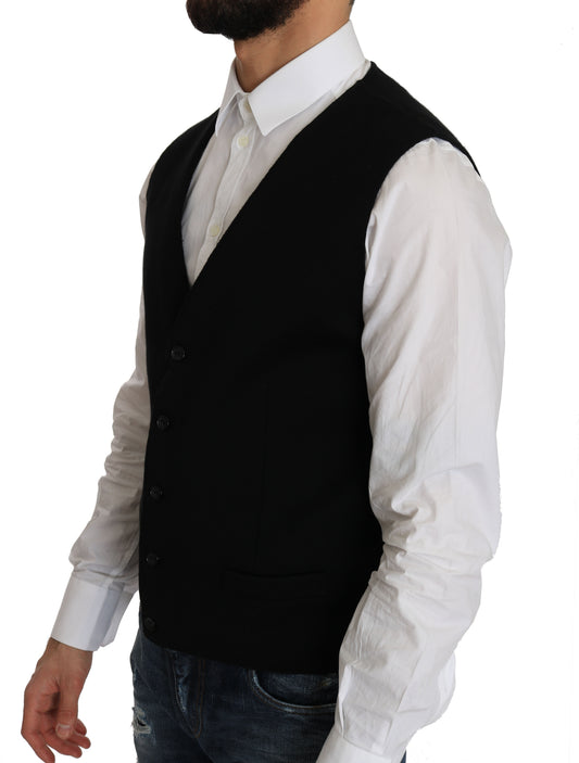 A black cotton waistcoat with a woven texture, part of the Dolce & Gabbana collection