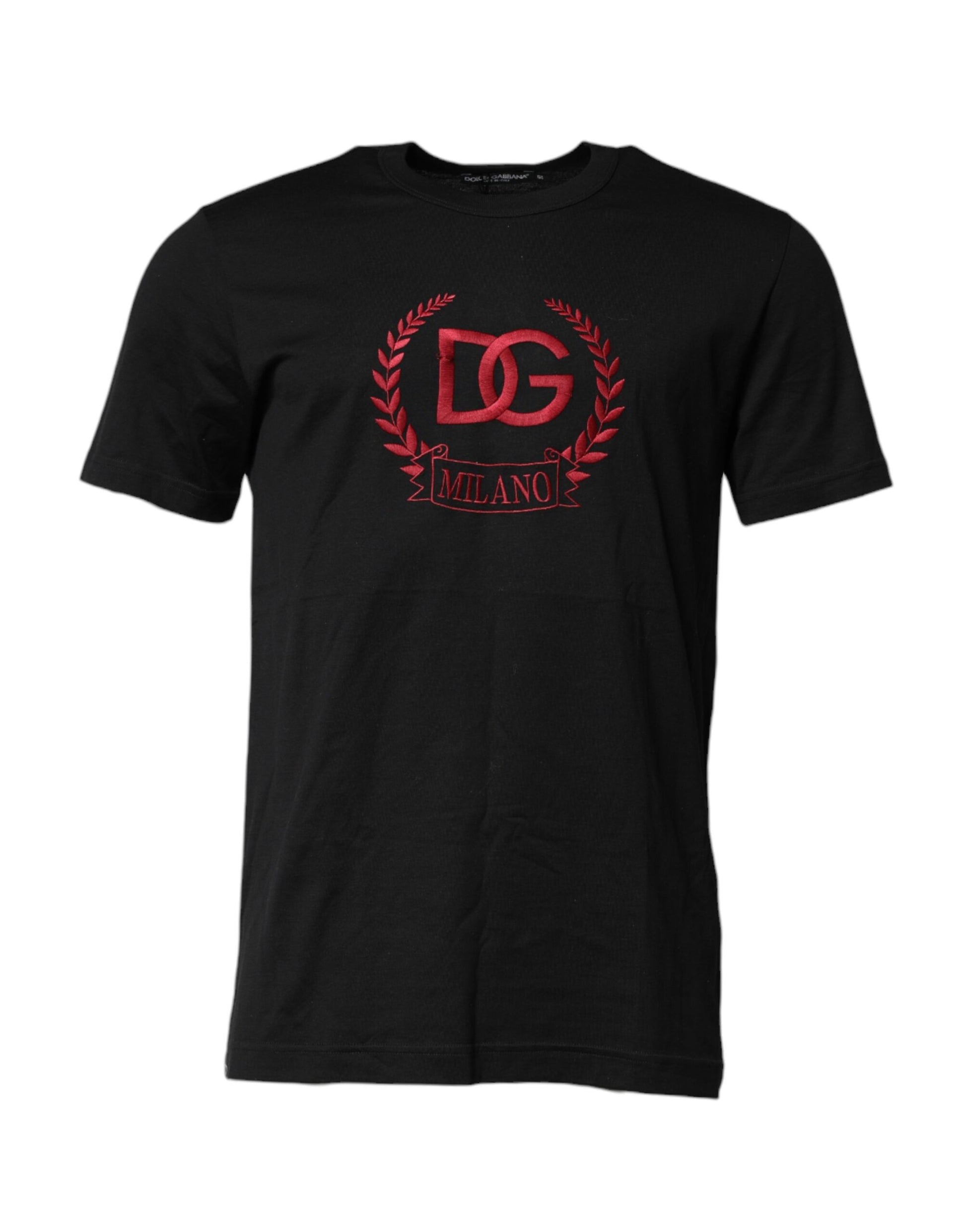 Black t-shirt with red lettering and design