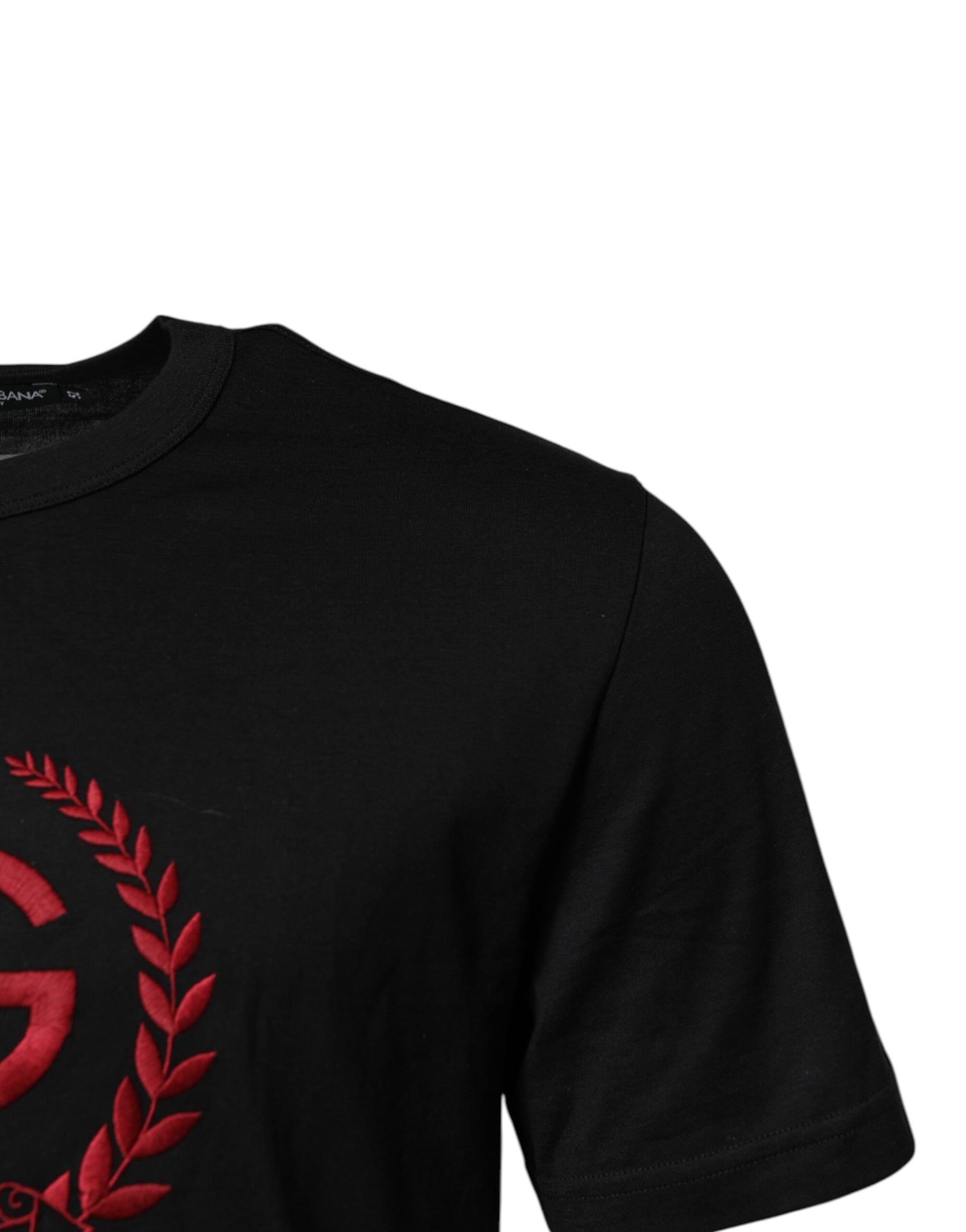 Black t-shirt with red logo on front