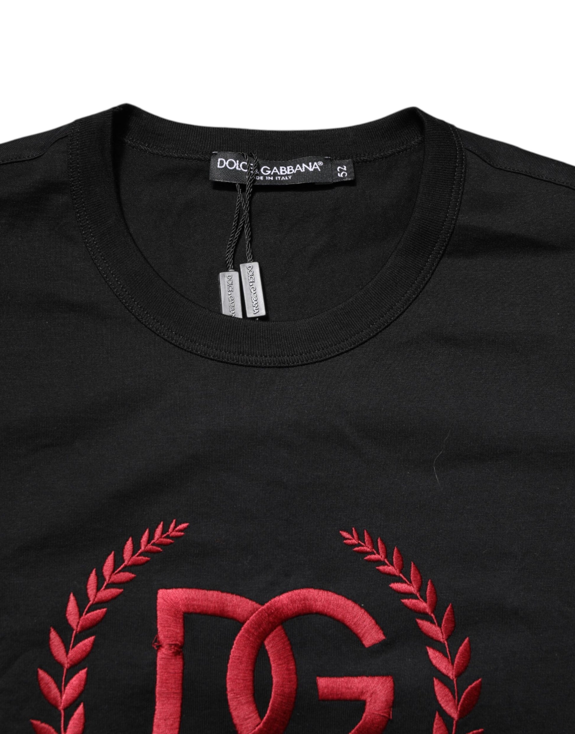 Black t-shirt with red logo on front