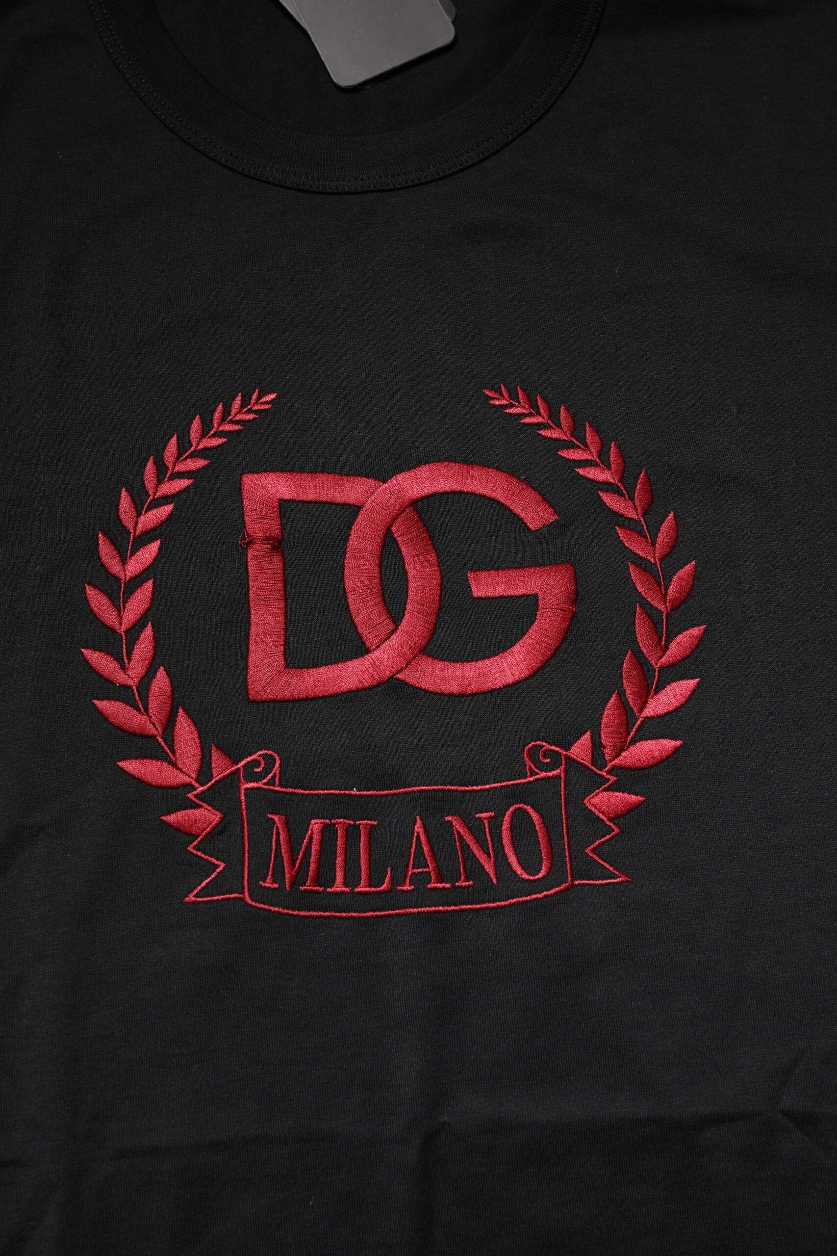 Black t-shirt with red embroidered logo