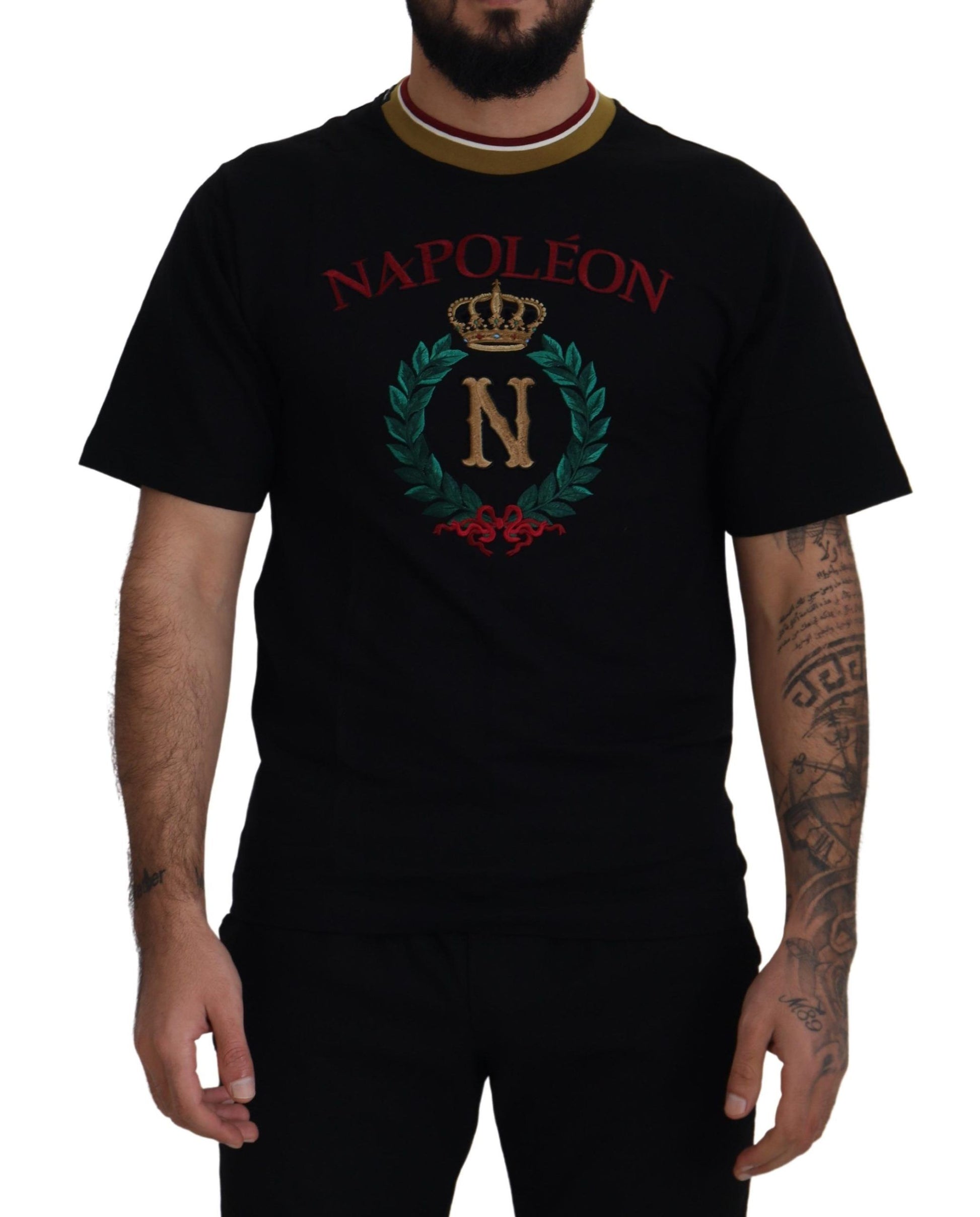 Black t-shirt with red lettering and emblem