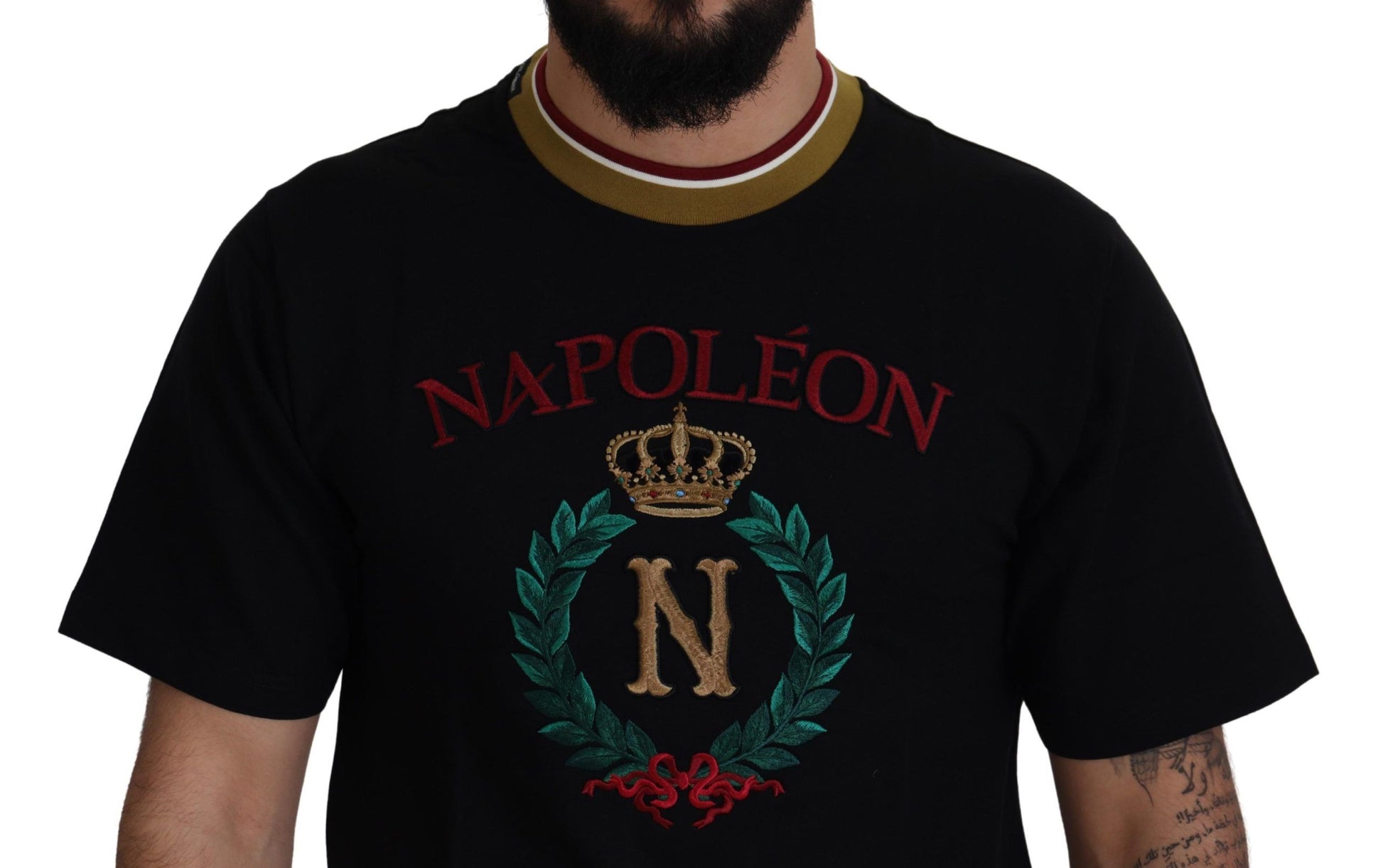 Black t-shirt with gold lettering and emblems