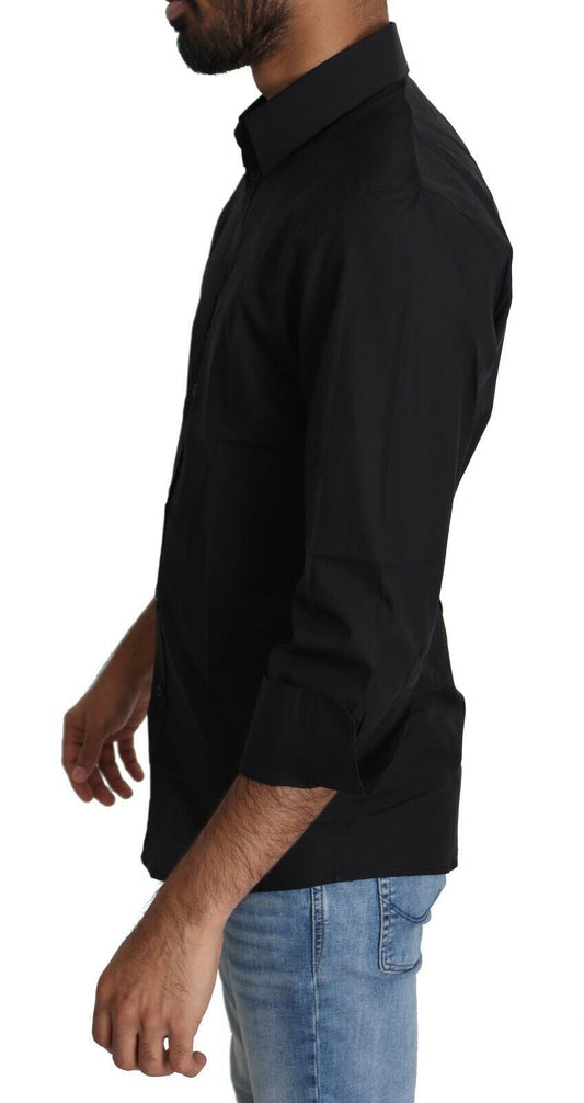 A black cotton formal dress shirt for men, with a collar and long sleeves