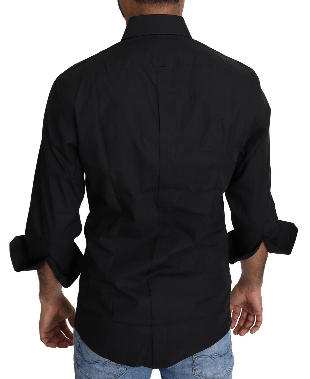A black cotton formal dress shirt for men, with short sleeves and a collar