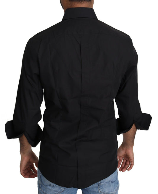 A black cotton formal dress shirt for men, with short sleeves and a collar