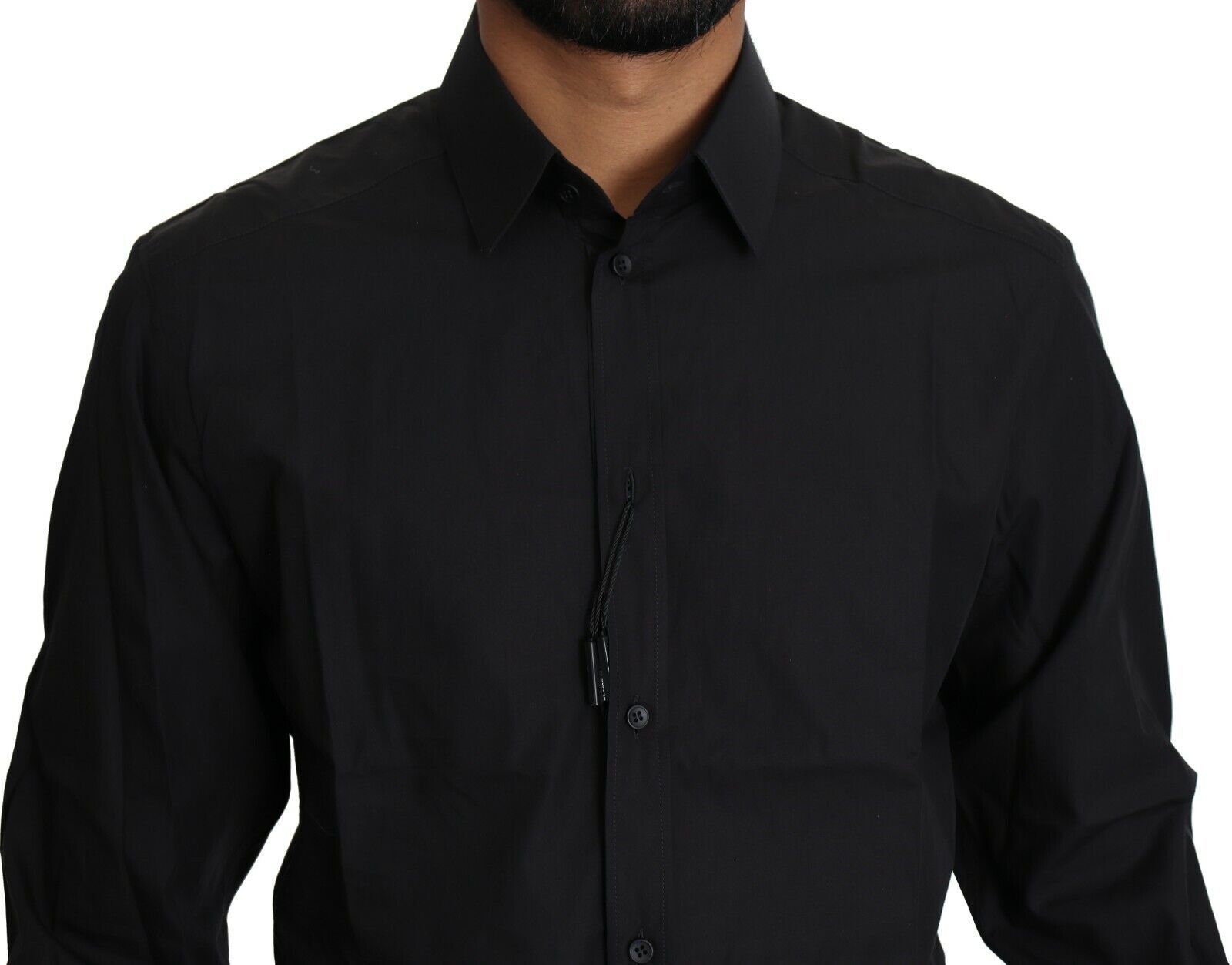 A black cotton formal dress shirt for men, featuring a button-up front and a collar