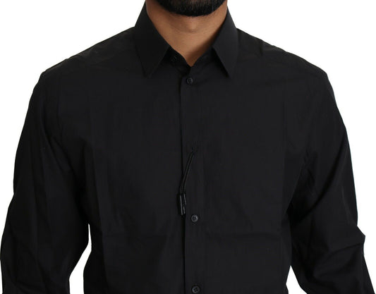 A black cotton formal dress shirt for men, featuring a button-up front and a collar
