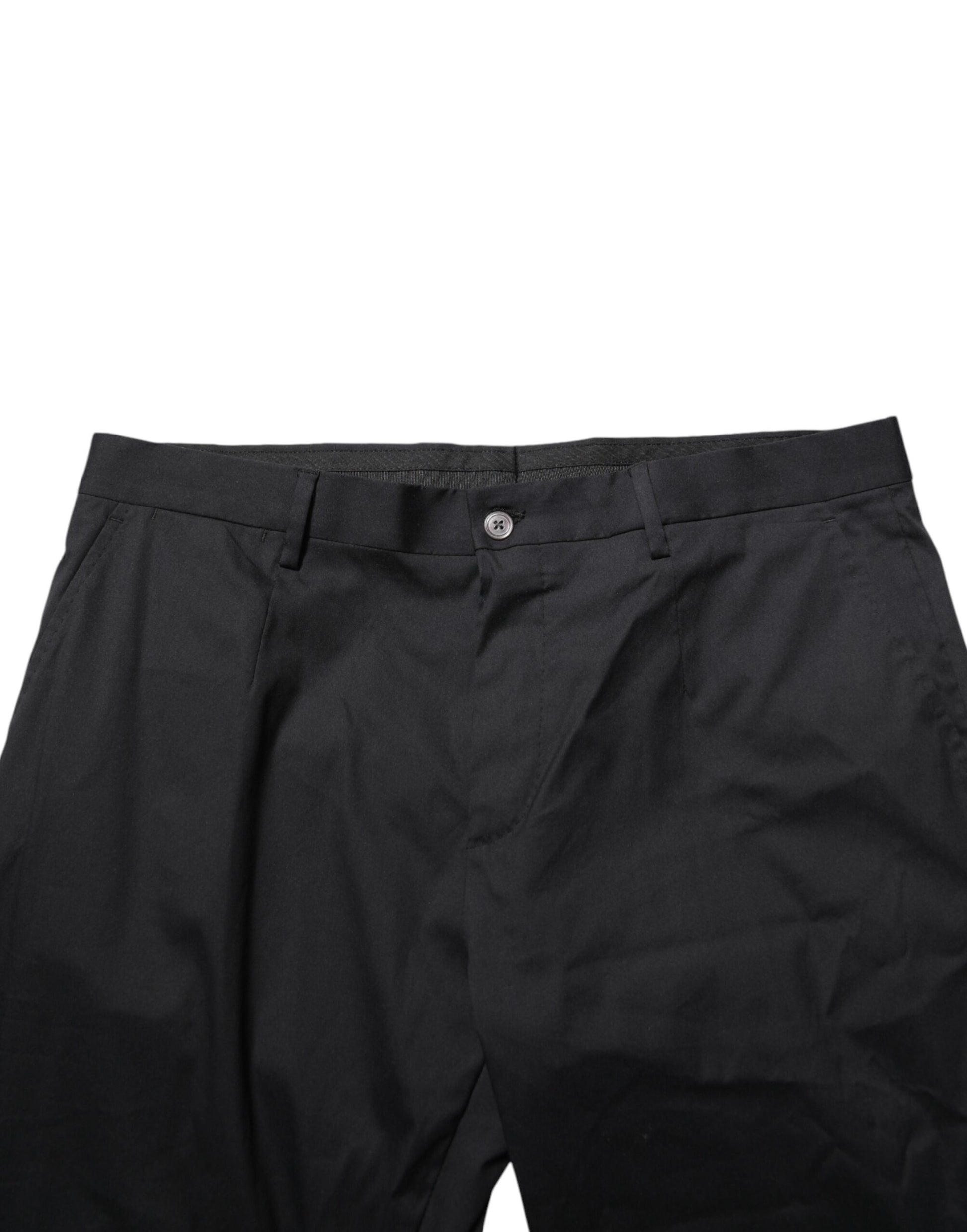 A pair of black cotton formal dress men's trousers with a button and zipper closure