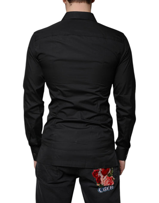 A black cotton formal long sleeve dress shirt with a floral embroidery on the back