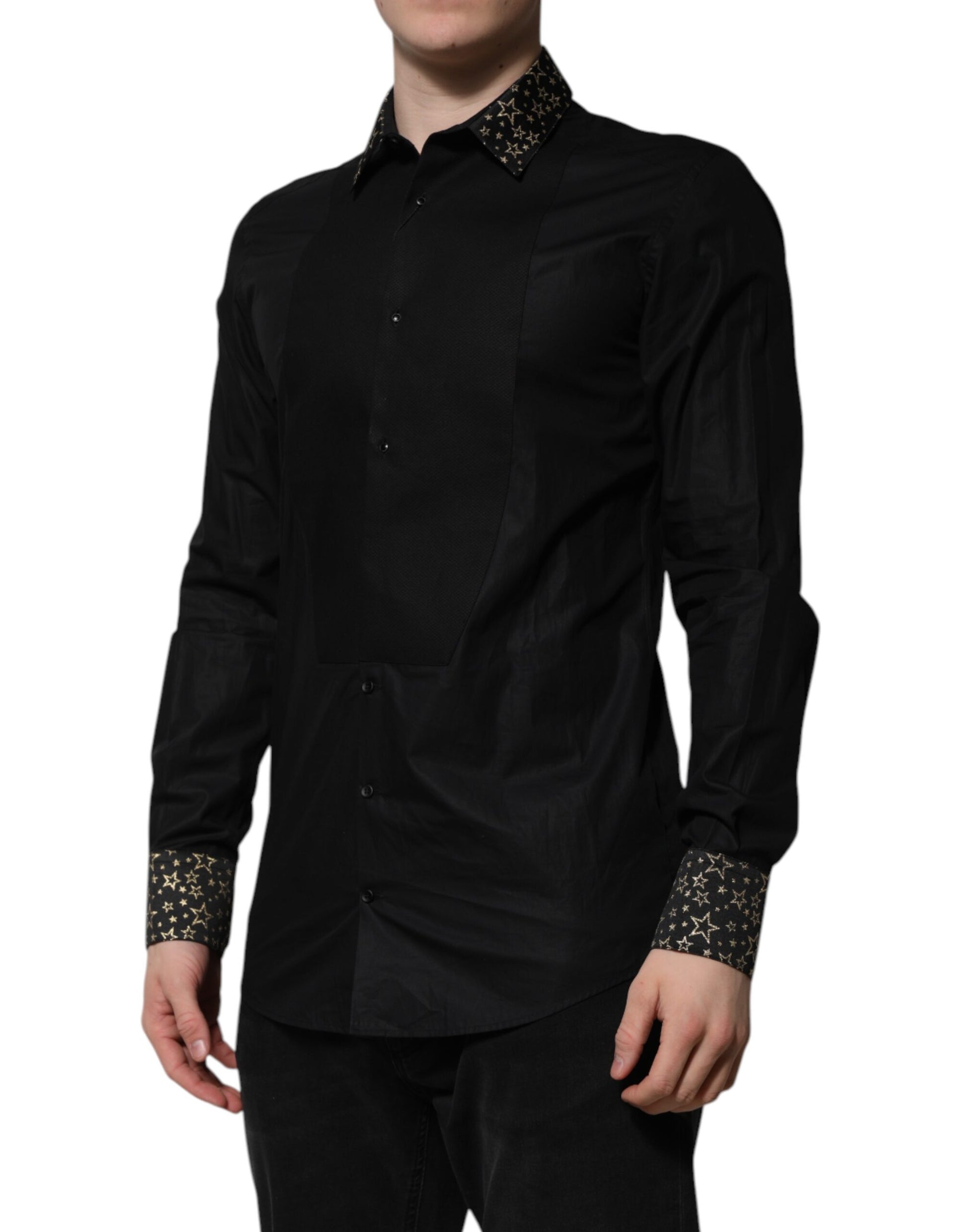 A black cotton dress shirt with gold accents and long sleeves