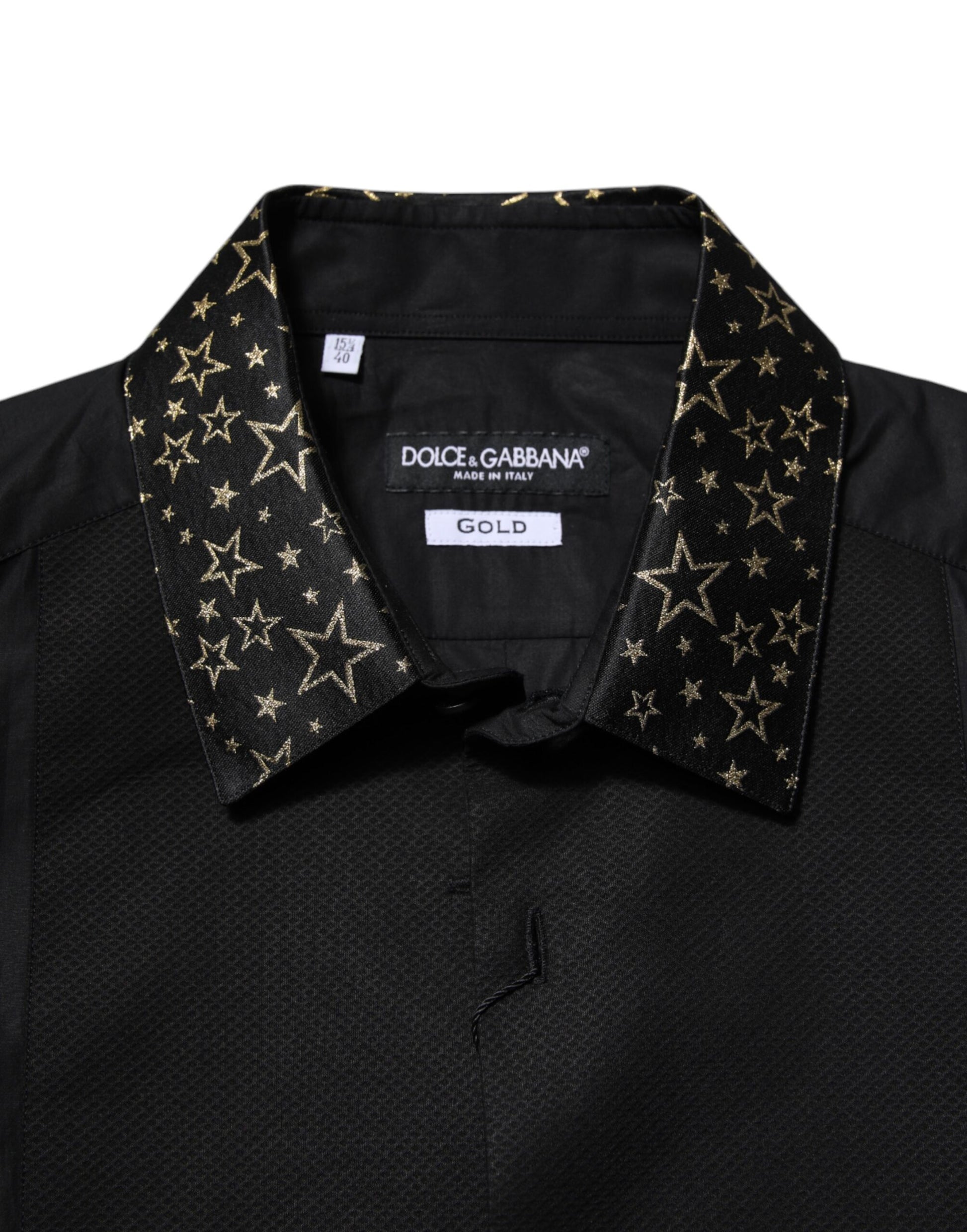 A black cotton dress shirt with gold stars and stripes on the collar