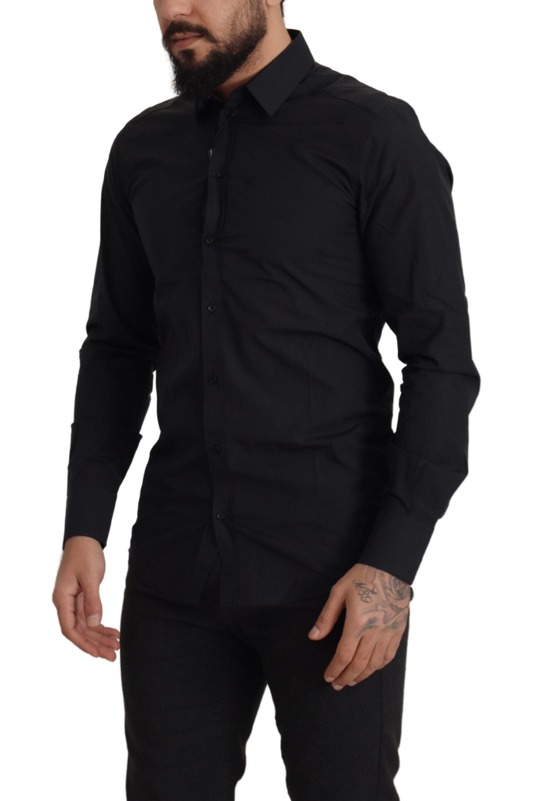 A black cotton slim fit dress shirt with gold accents