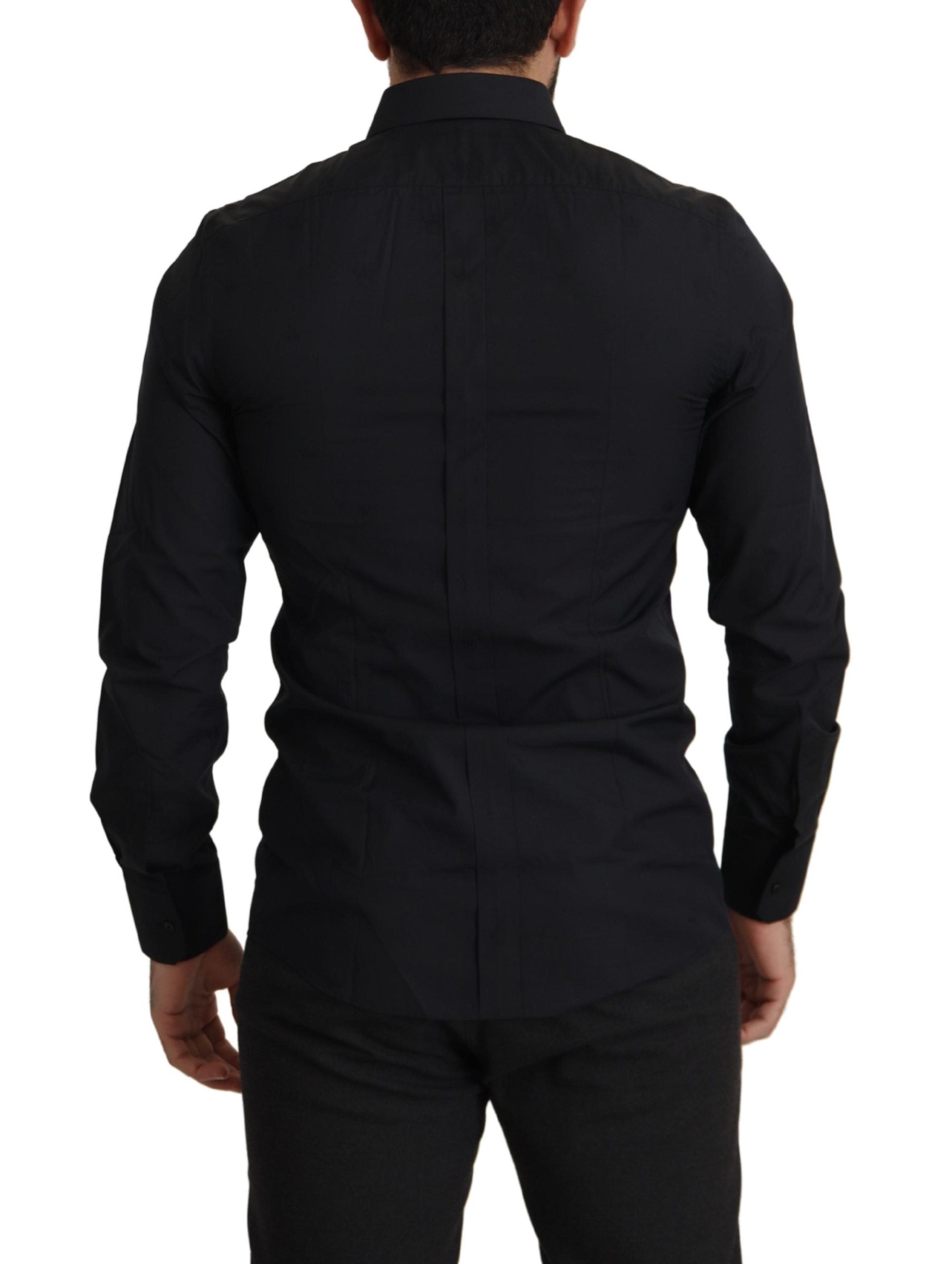 A black cotton slim fit dress shirt with gold accents