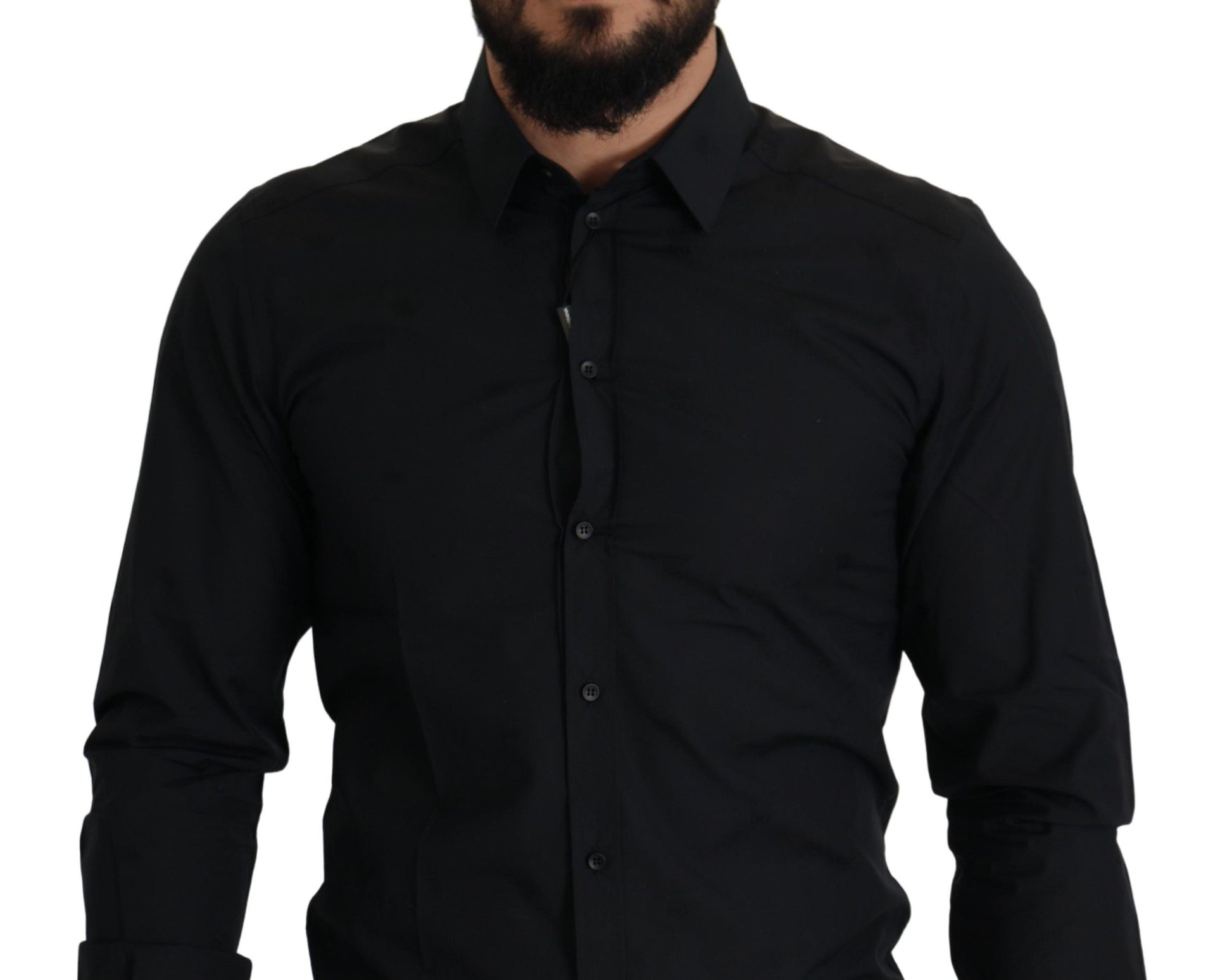 A black cotton dress shirt with a slim fit, featuring gold accents