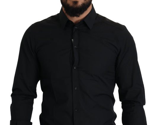 A black cotton dress shirt with a slim fit, featuring gold accents