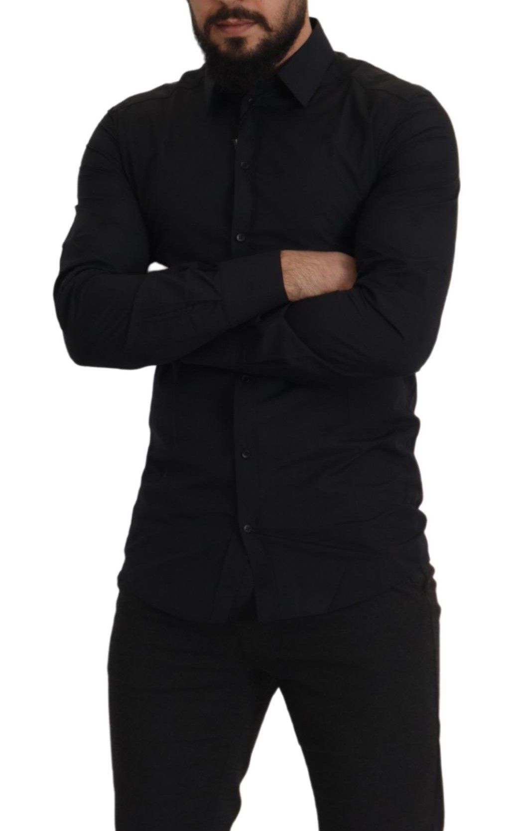 A black cotton dress shirt with gold accents, slim fit, from the brand Dolce & Gabbana