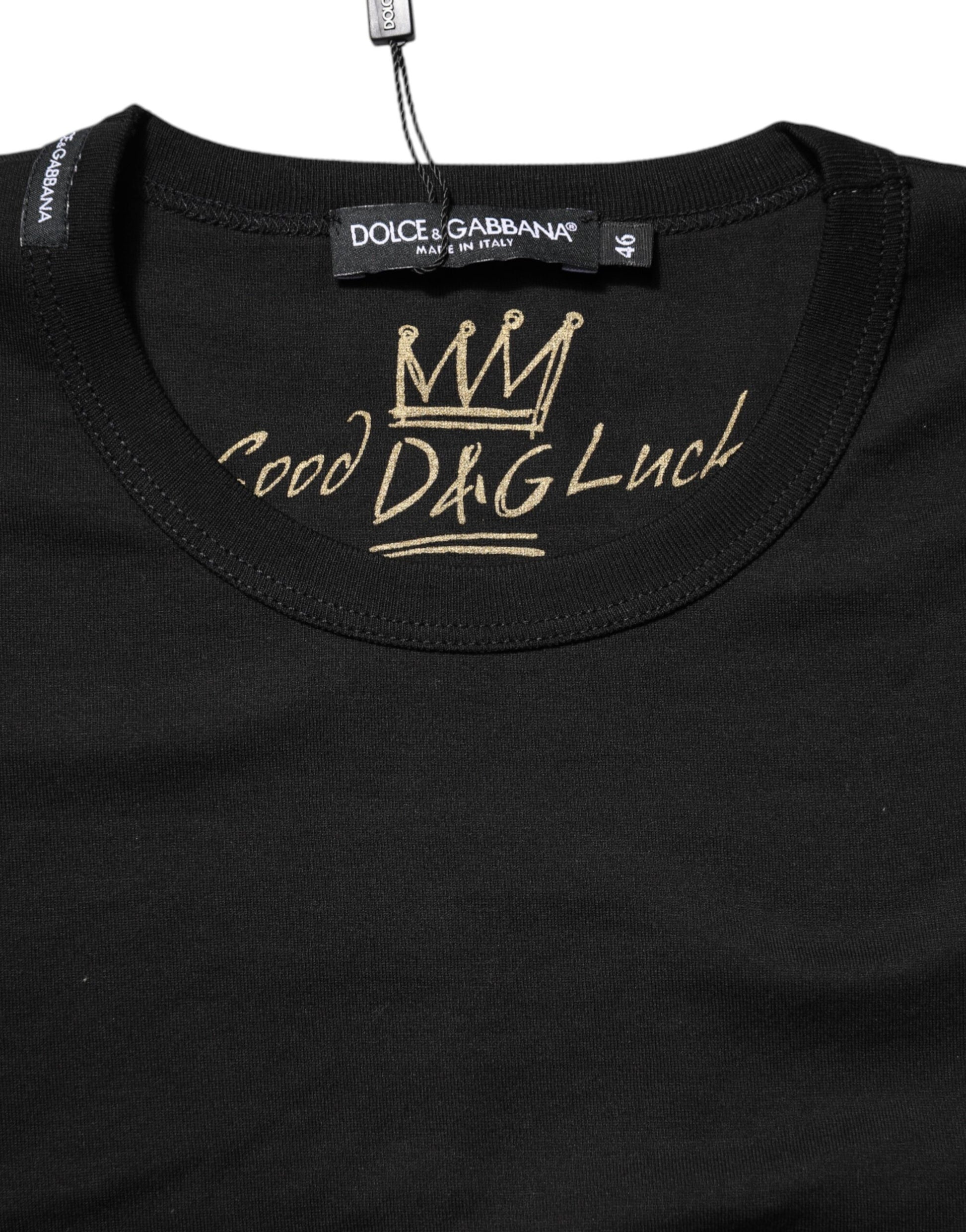 Black t-shirt with gold lettering on front
