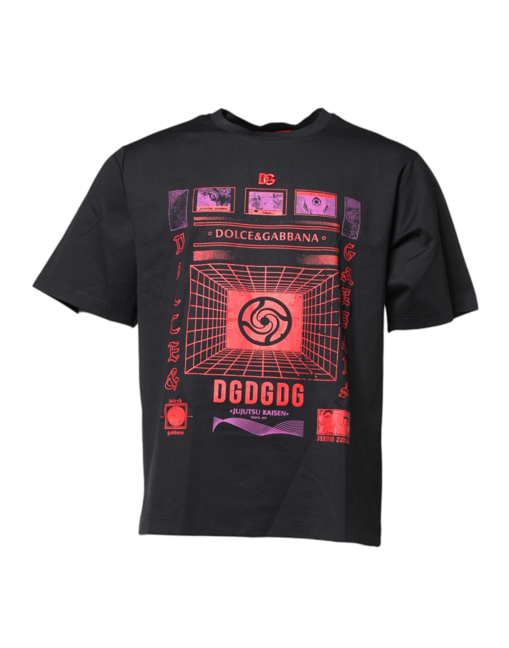 Black t-shirt with graphic design on front