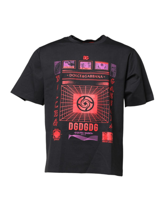 Black t-shirt with graphic design on front