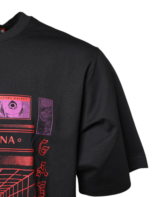 Black t-shirt with graphic design on front