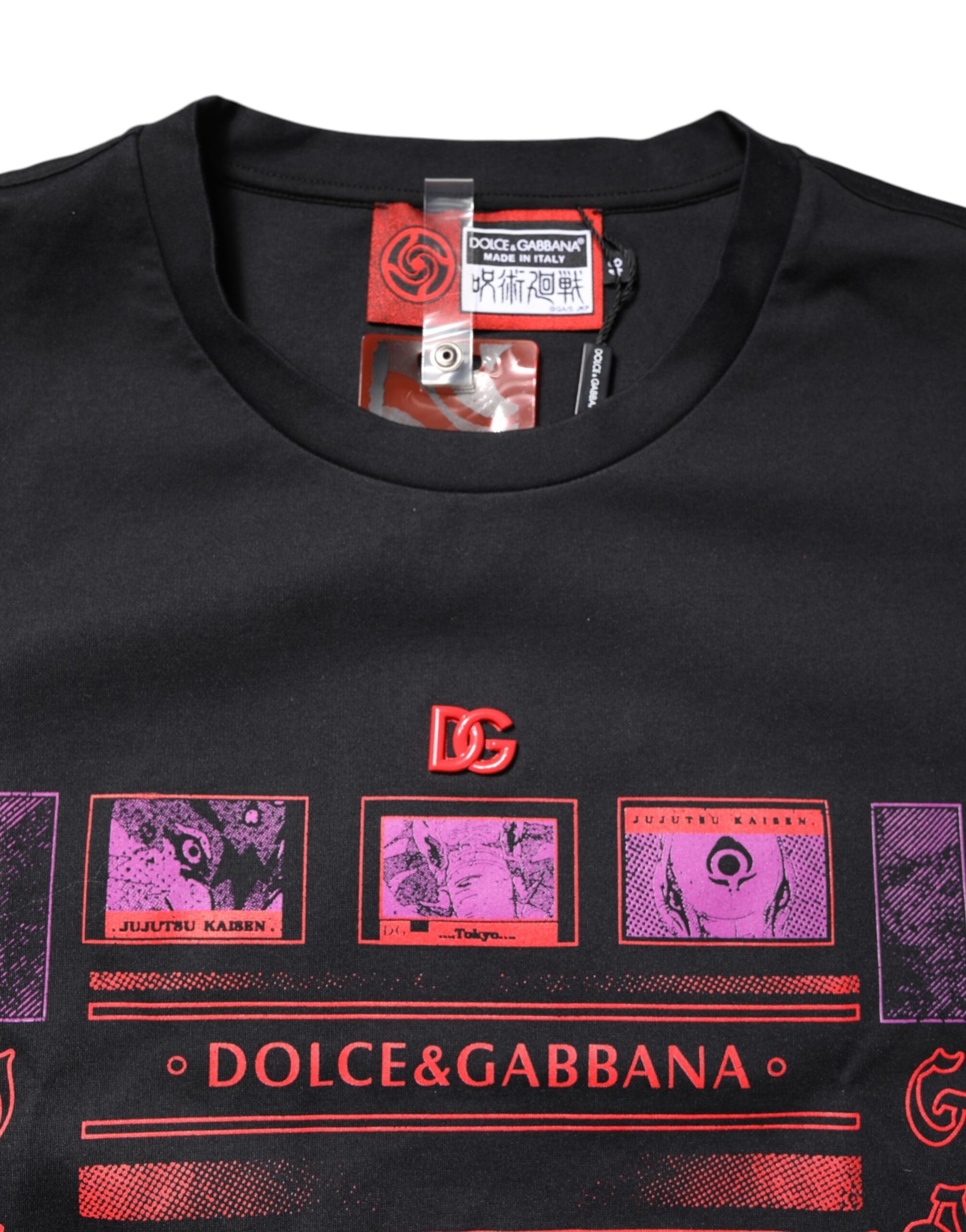 Black t-shirt with red and purple graphic design