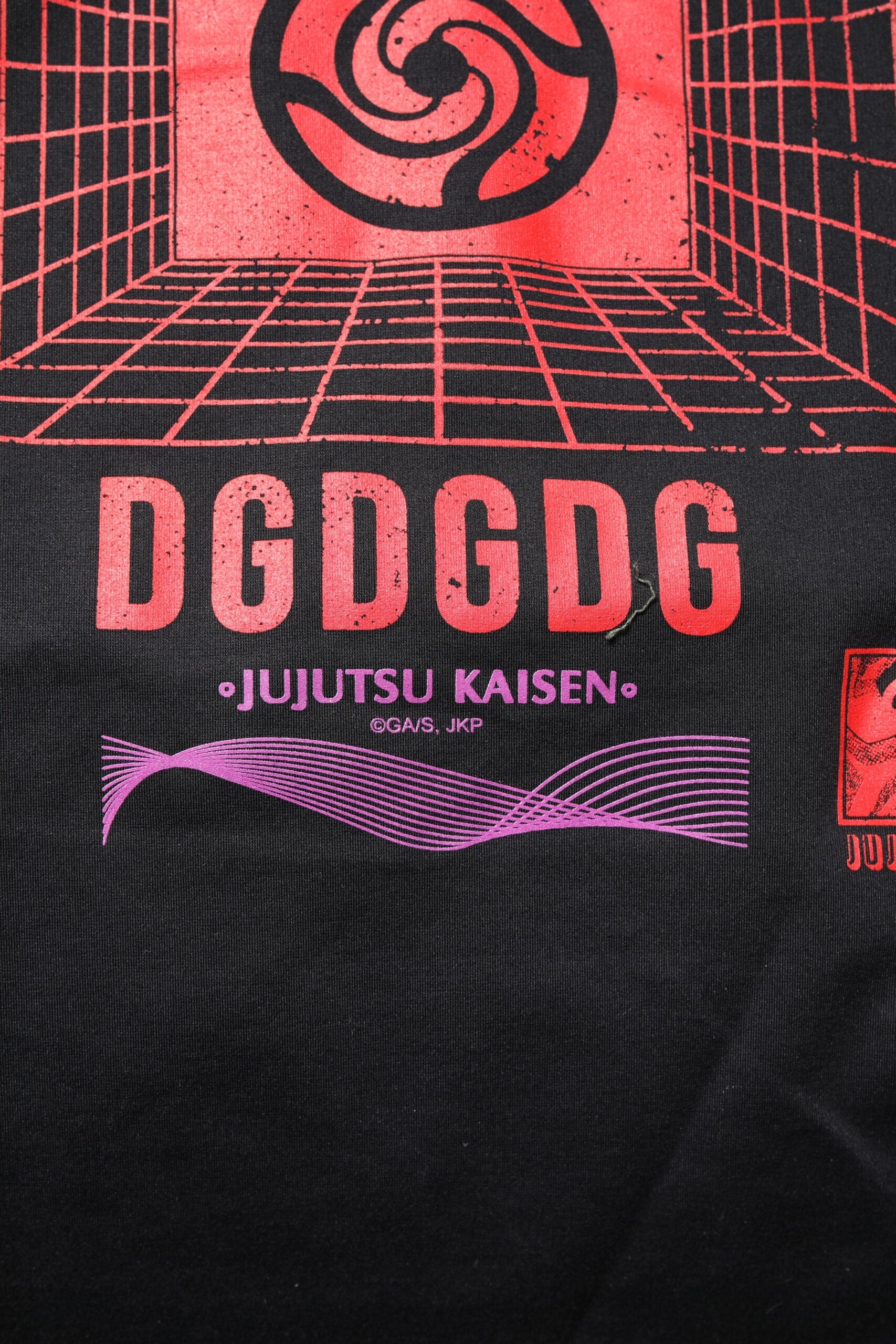 Black t-shirt with red lettering and logo