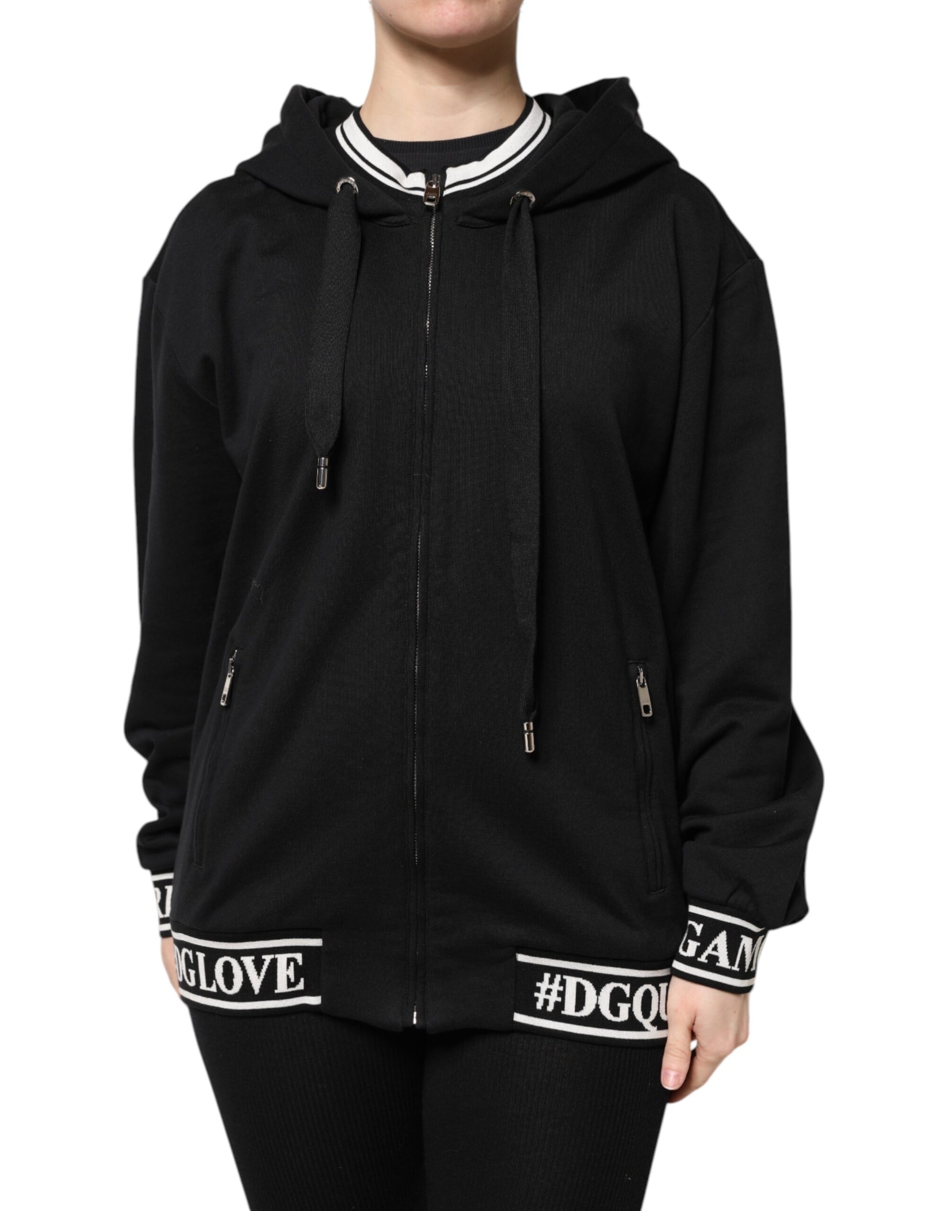 Black hoodie with white lettering on front