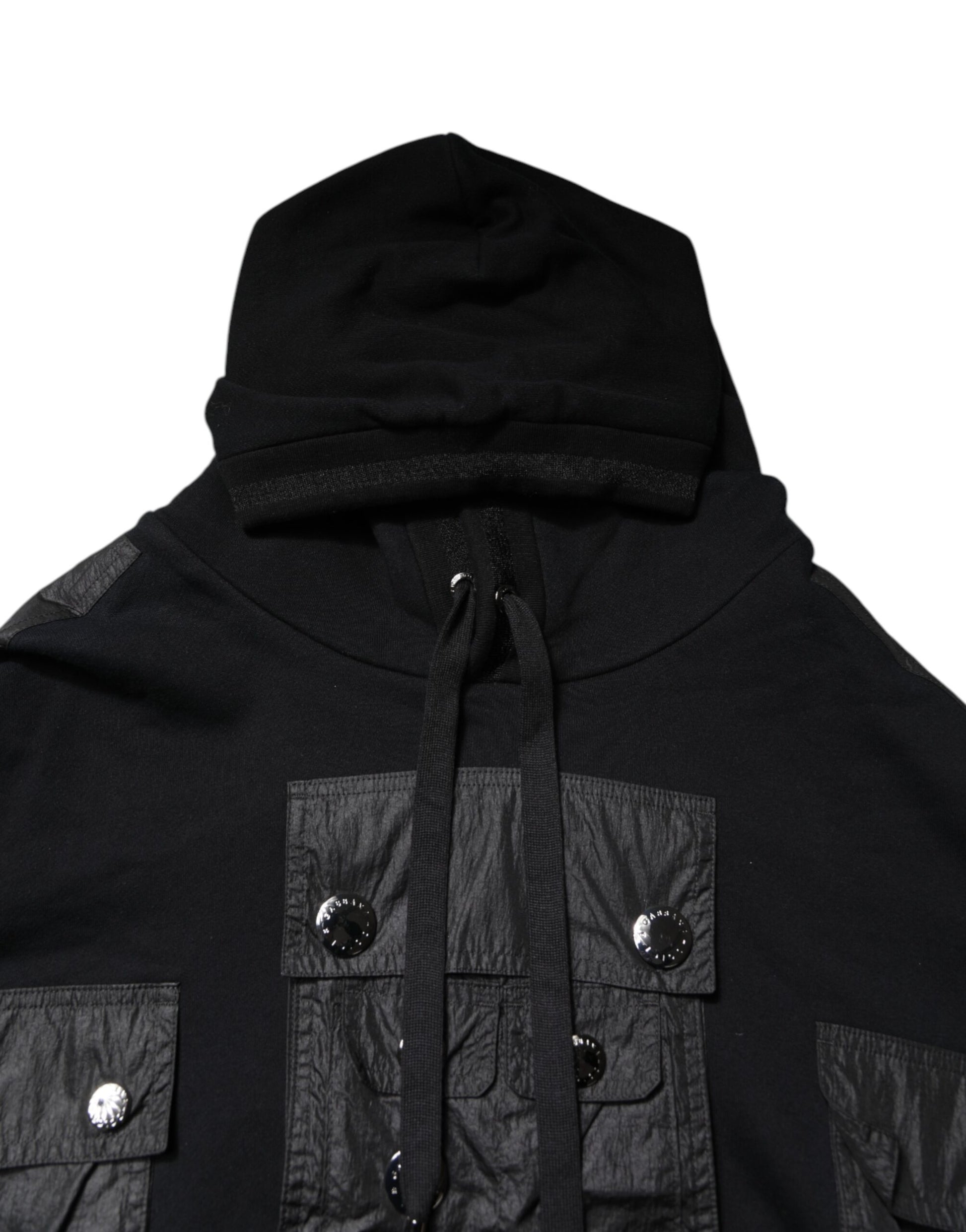 Black hooded jacket with zipper and buttons